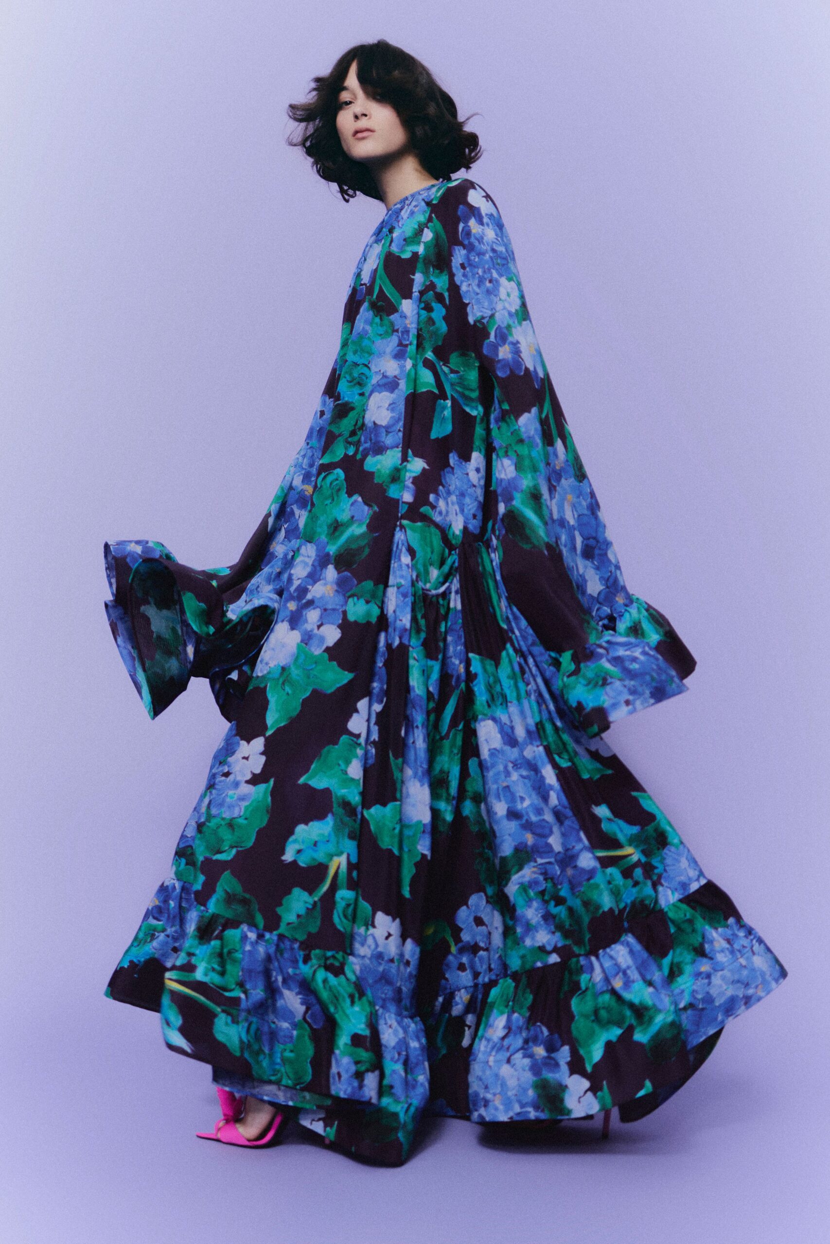 purple silk long-sleeve relaxed flared tiered maxi gown