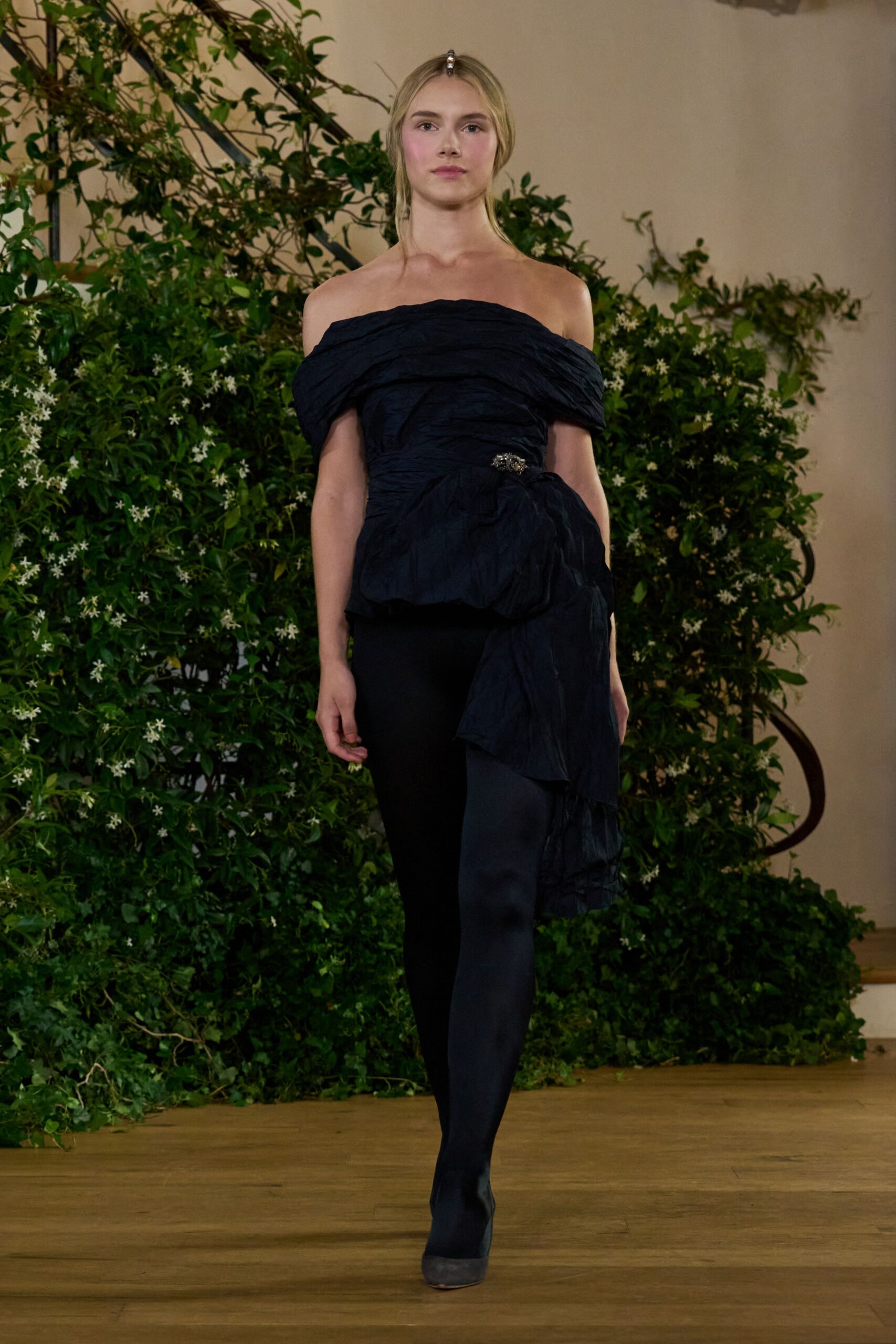 black draped strapless dress