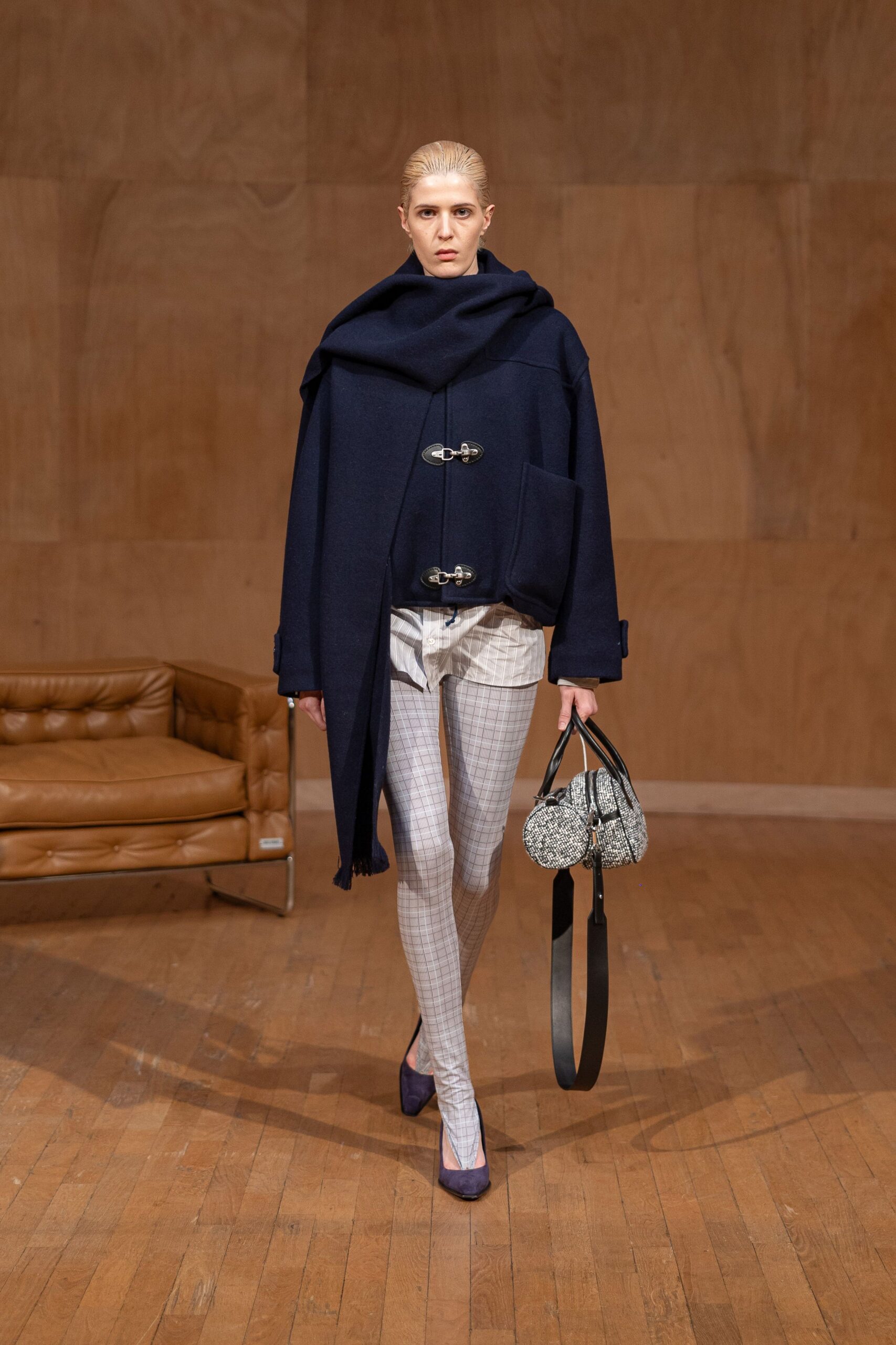 blue wool long-sleeve collared relaxed buttoned coat