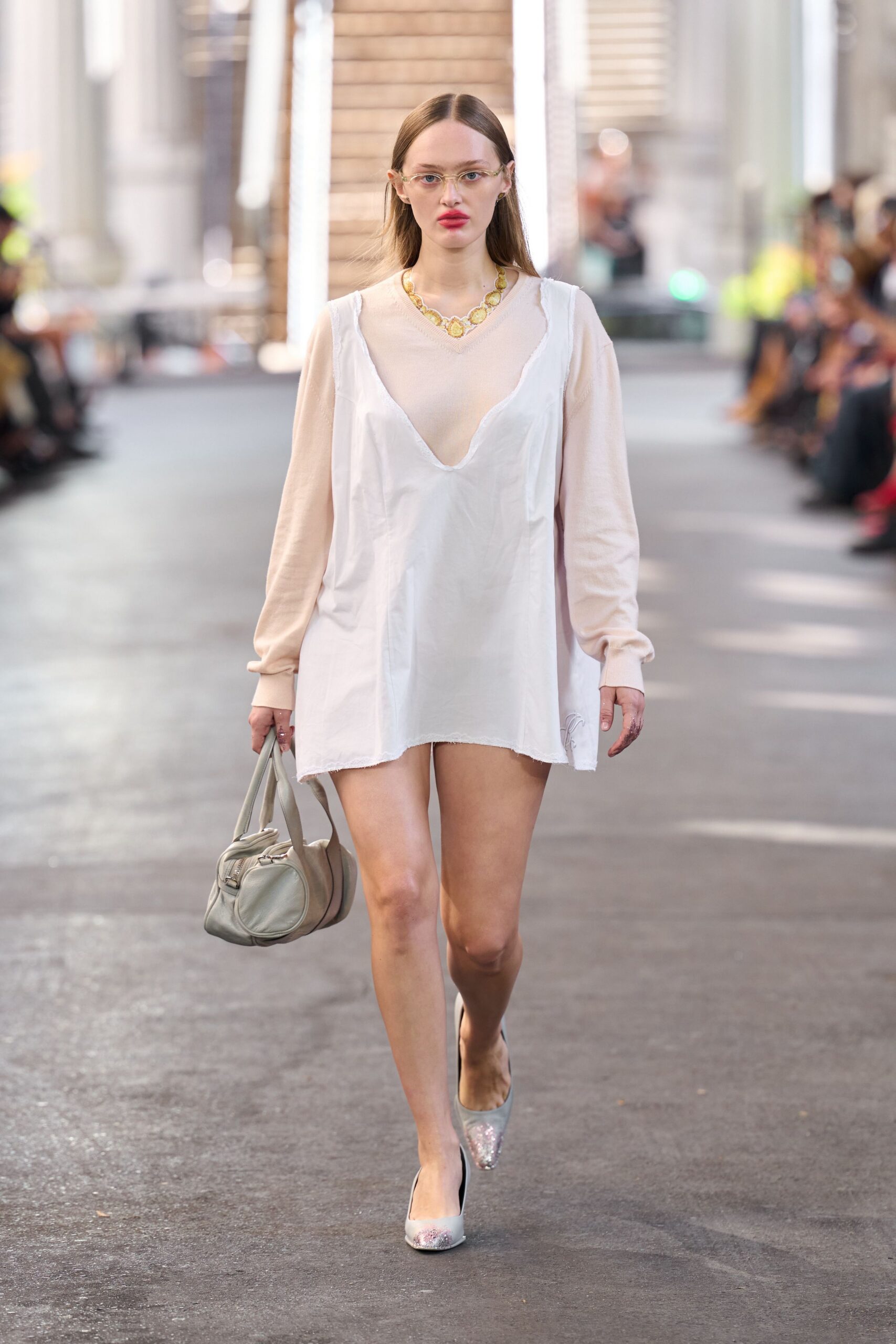 white cotton long-sleeve v-neck fitted layered mini dress