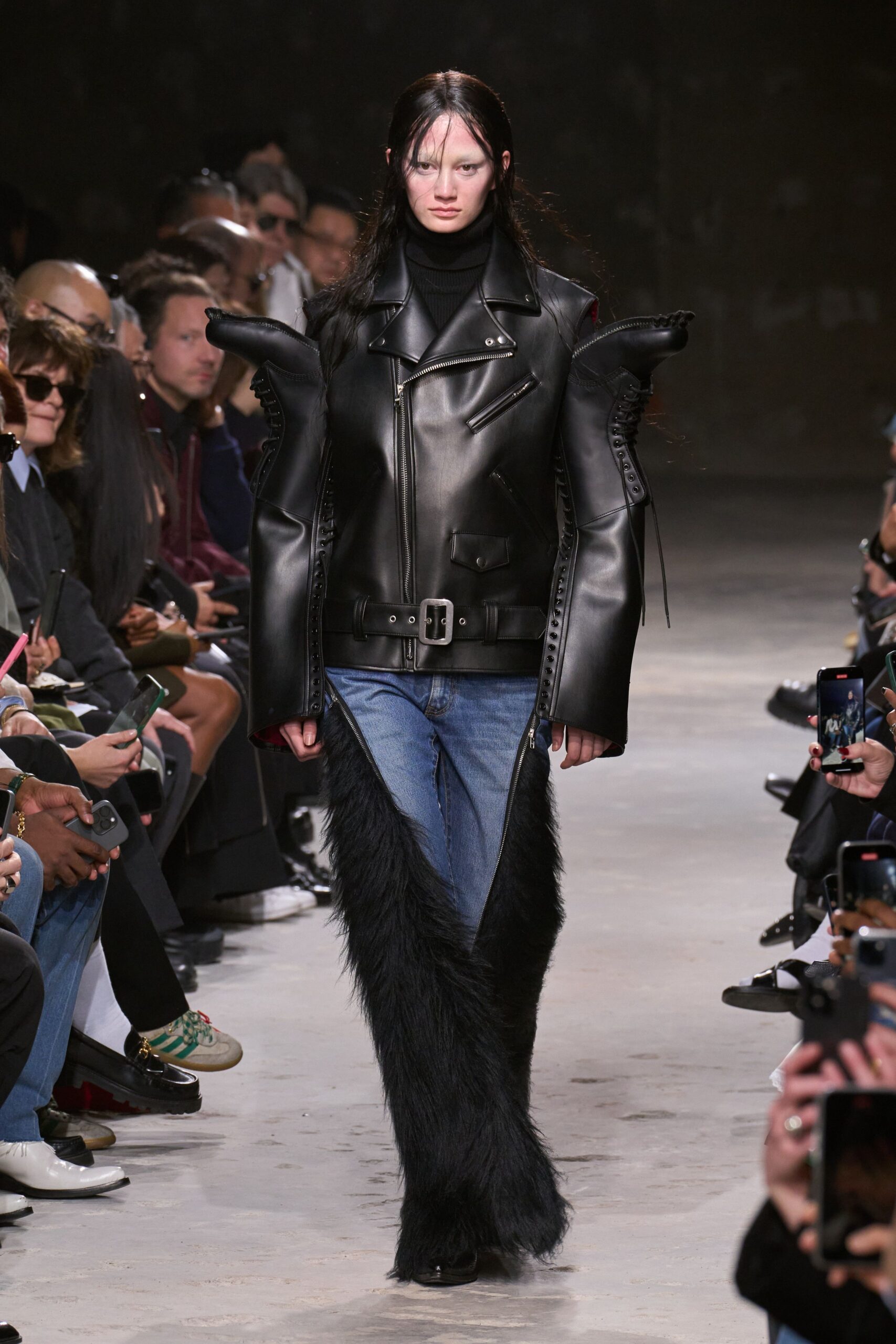 black leather jacket with denim pants