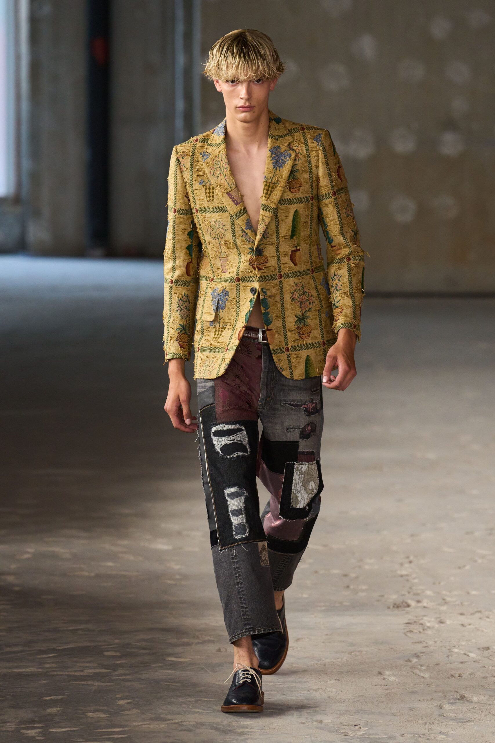 yellow embroidered blazer with gray pants