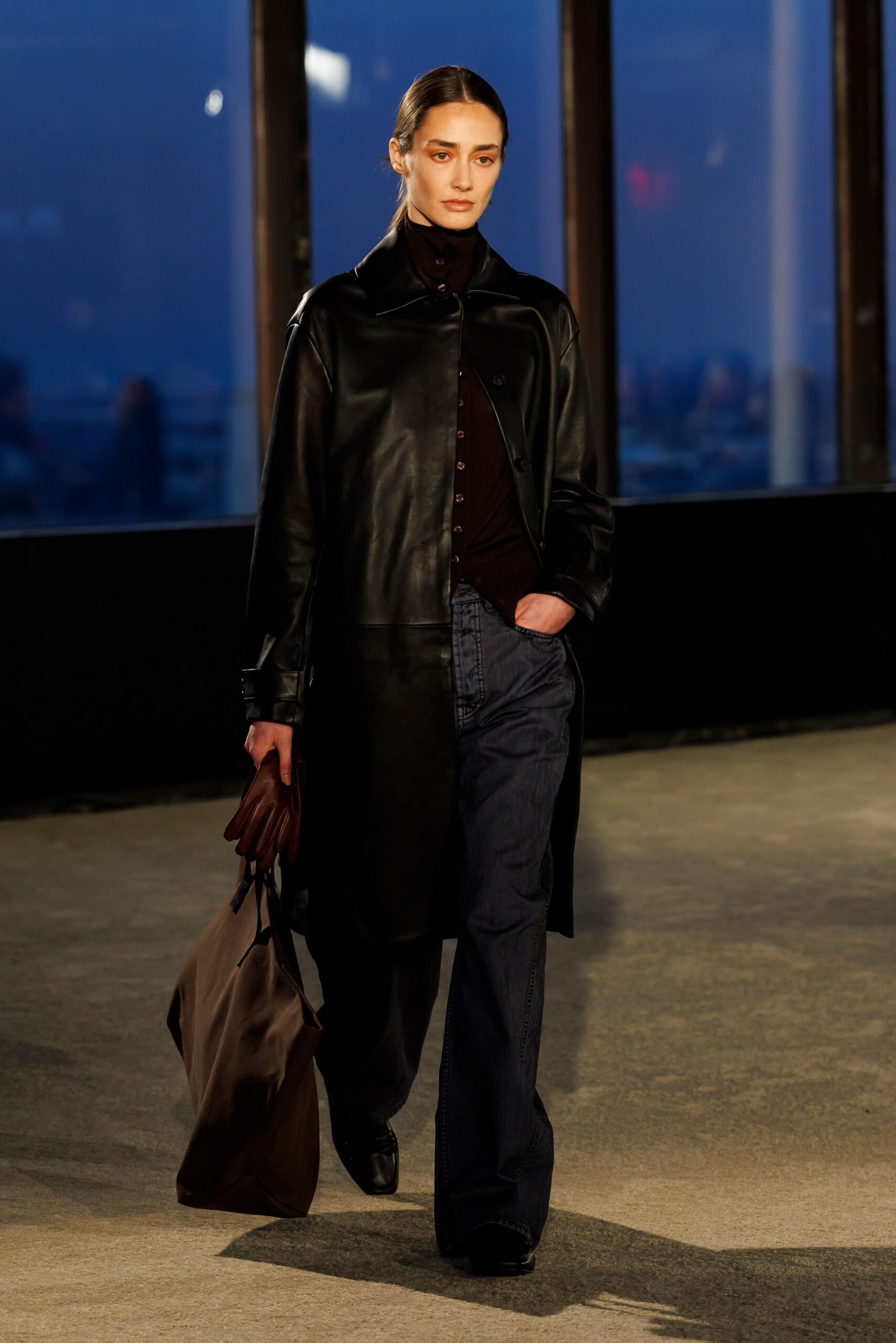 black leather coat with denim pants