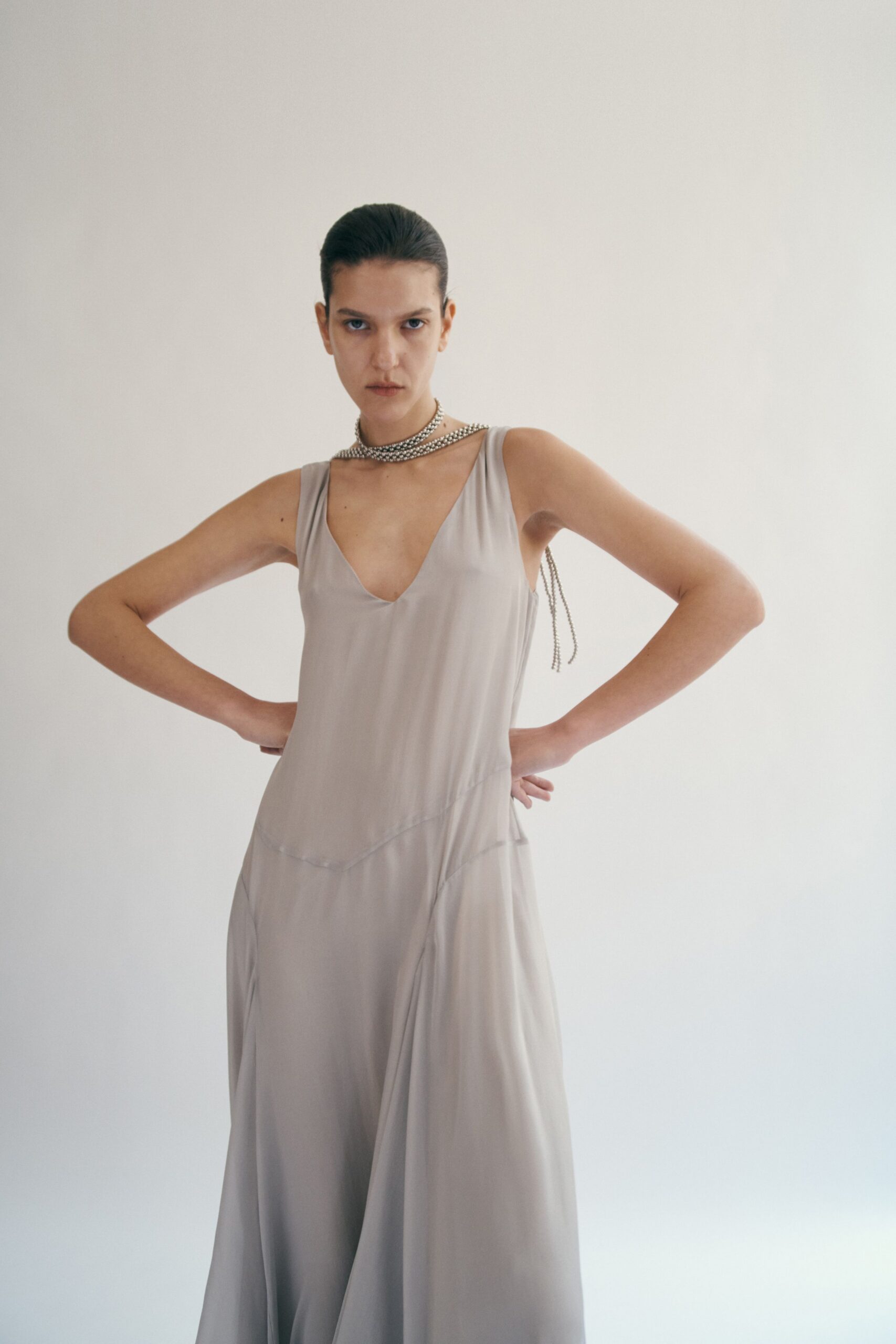 gray silk sleeveless gown
