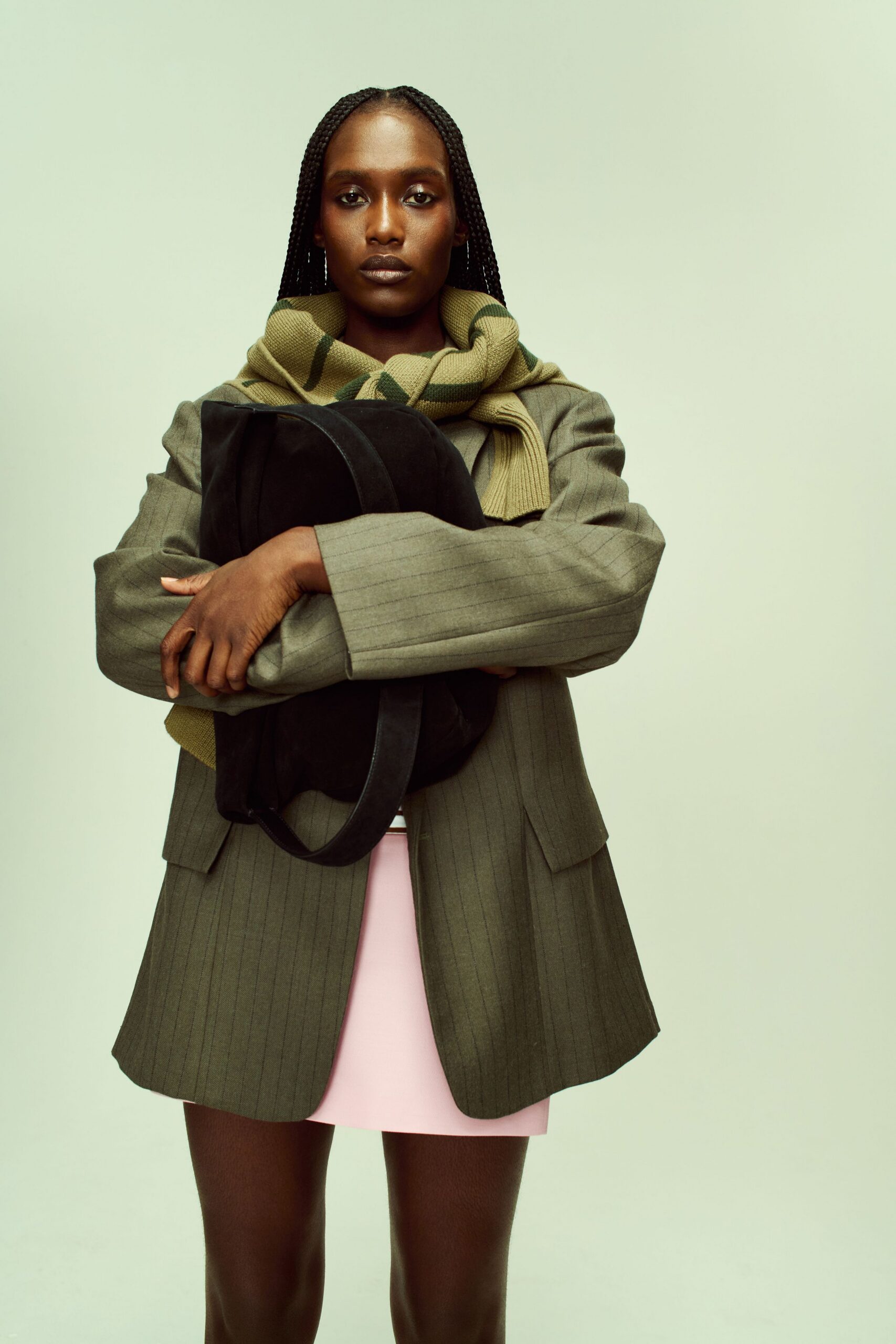 gray blazer pink skirt