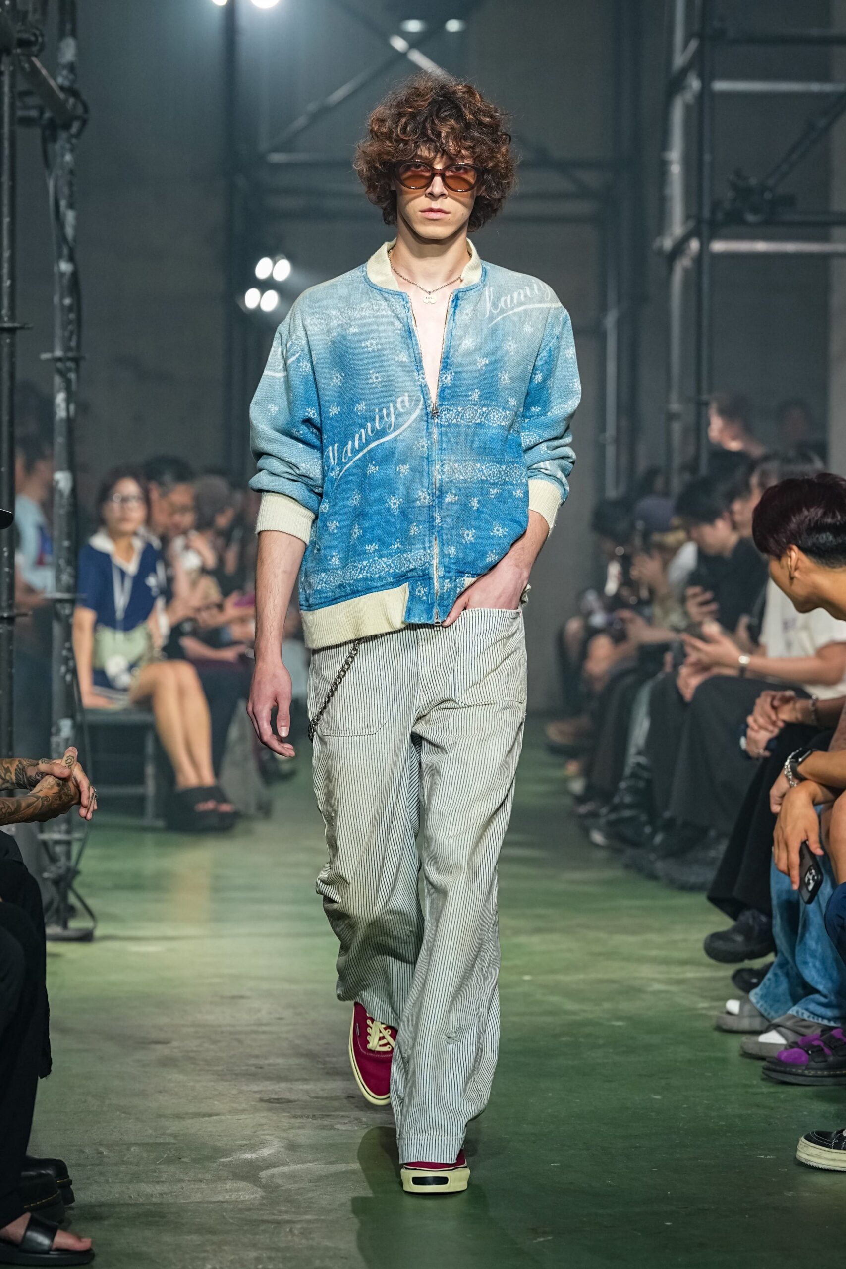 blue denim jacket with striped pants