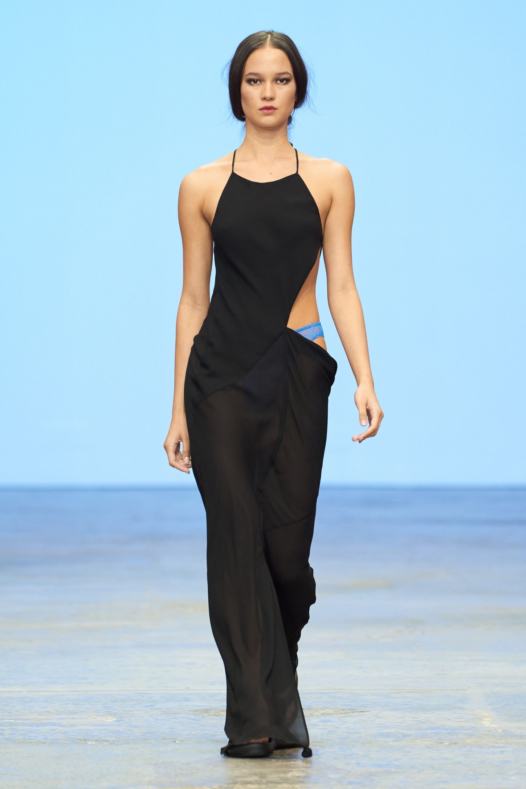 black silk sleeveless halter fitted sheer maxi dress