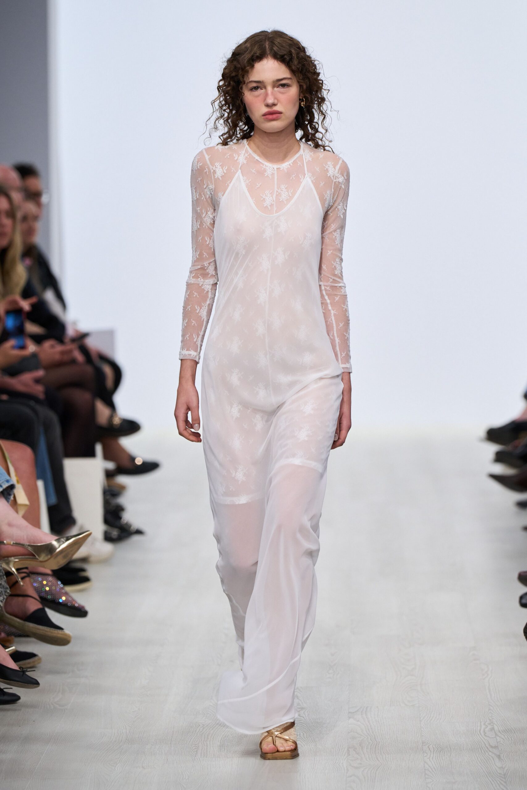 white chiffon long-sleeve v-neck fitted embroidered sheer gown