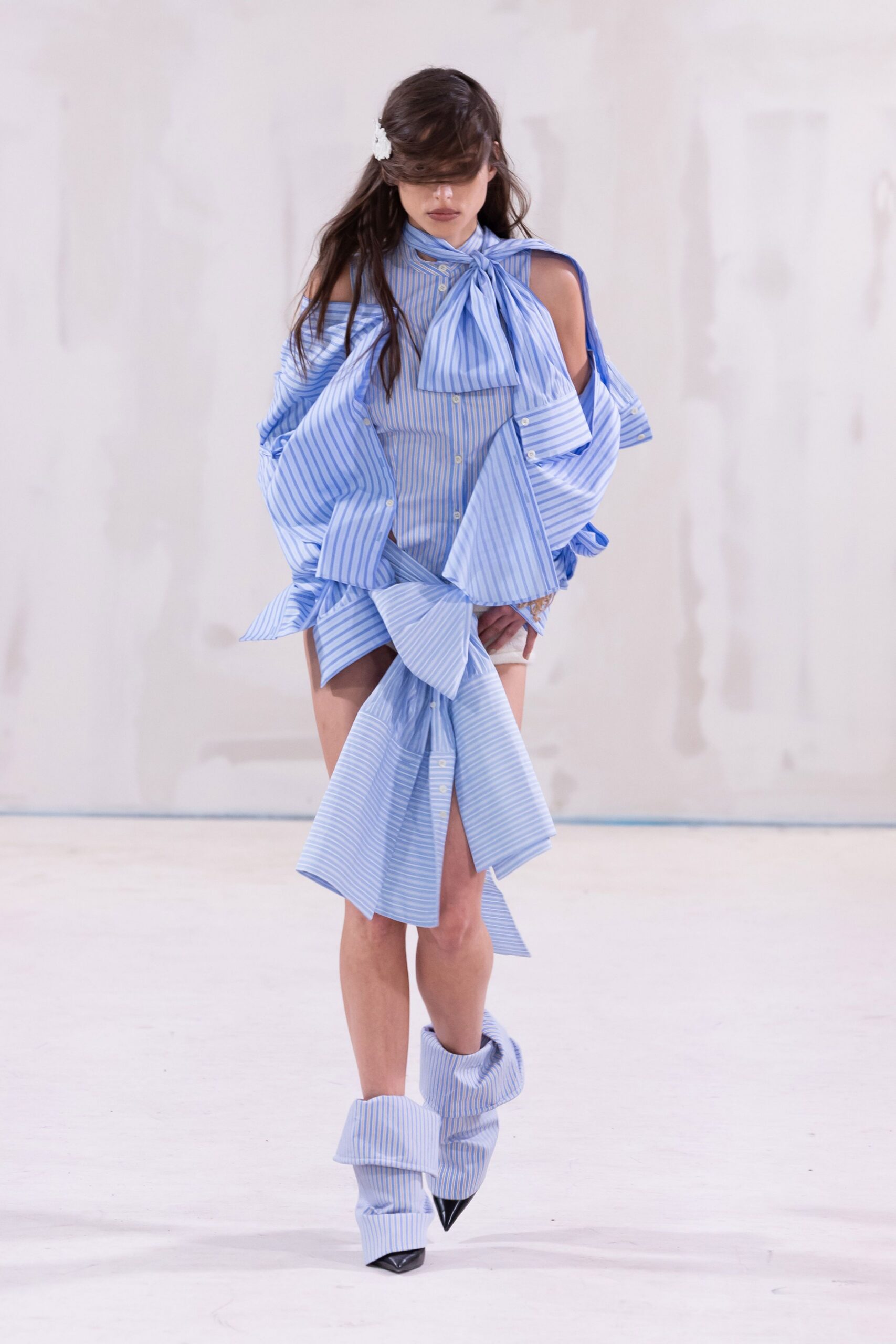 blue cotton sleeveless high-neck fitted ruffled layered dress