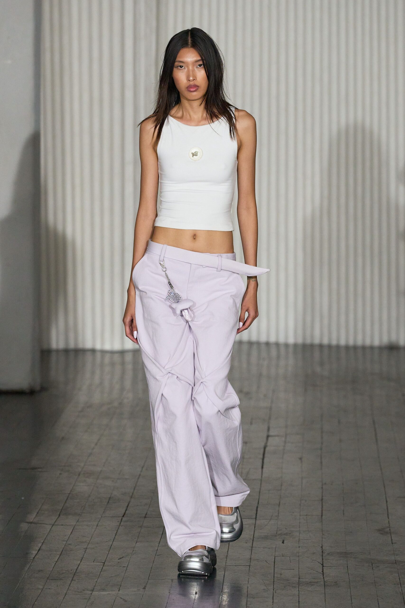 white tank-top lavender pants