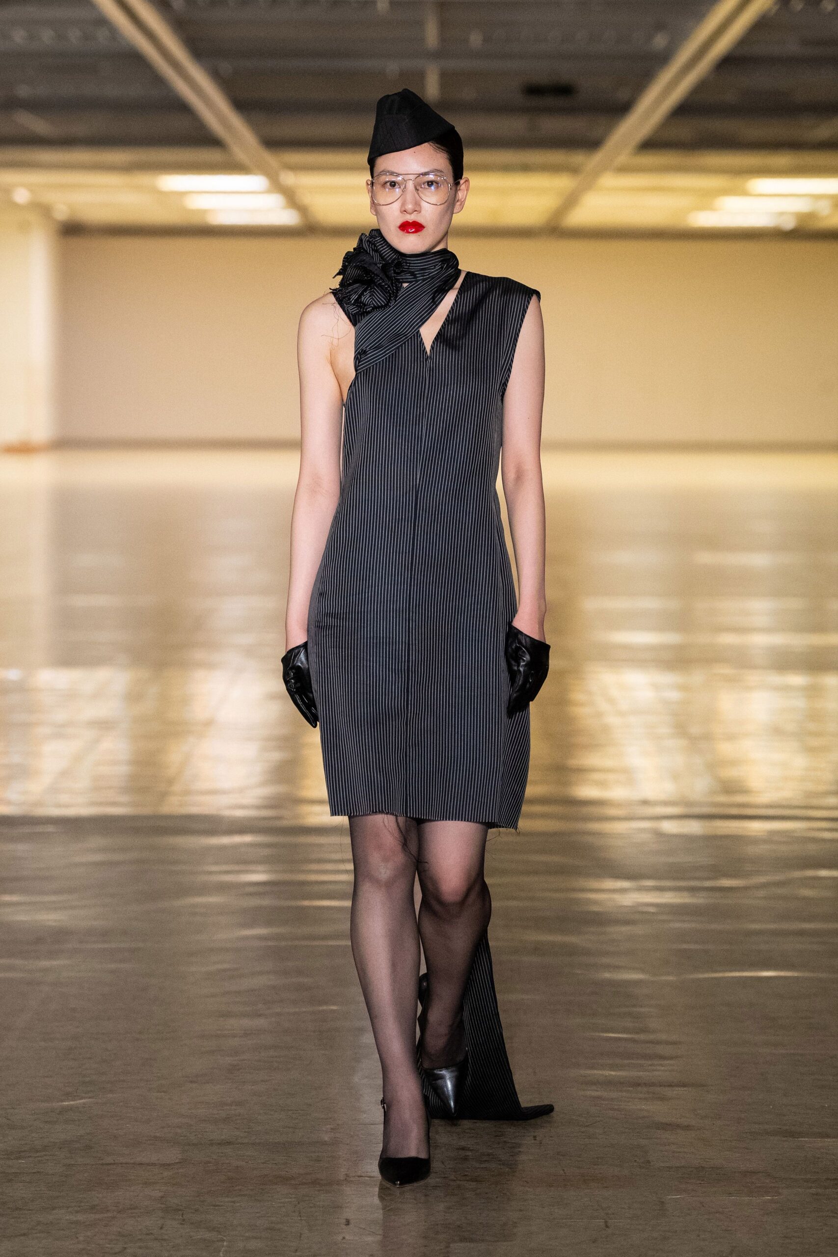black cotton sleeveless v-neck fitted striped draped dress