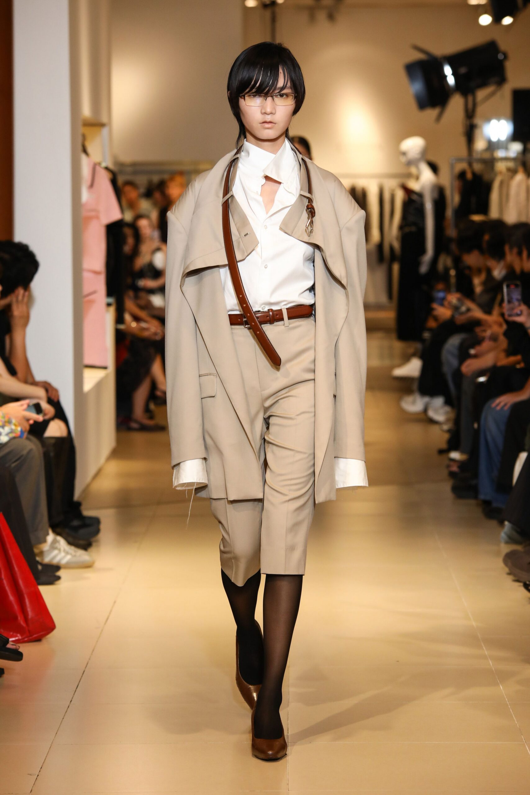 beige cotton long-sleeve collared relaxed buttoned coat