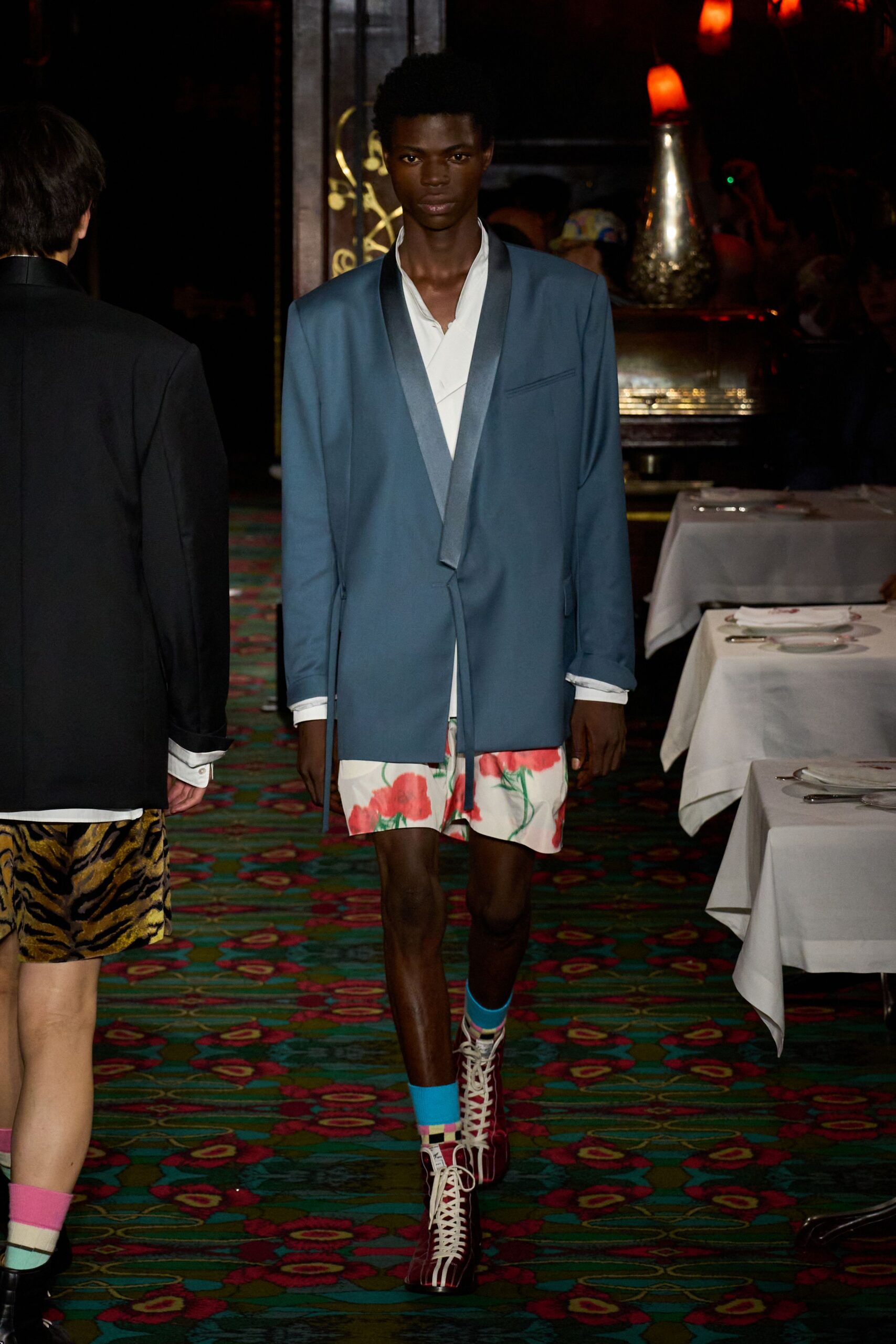 blue blazer with multi shorts
