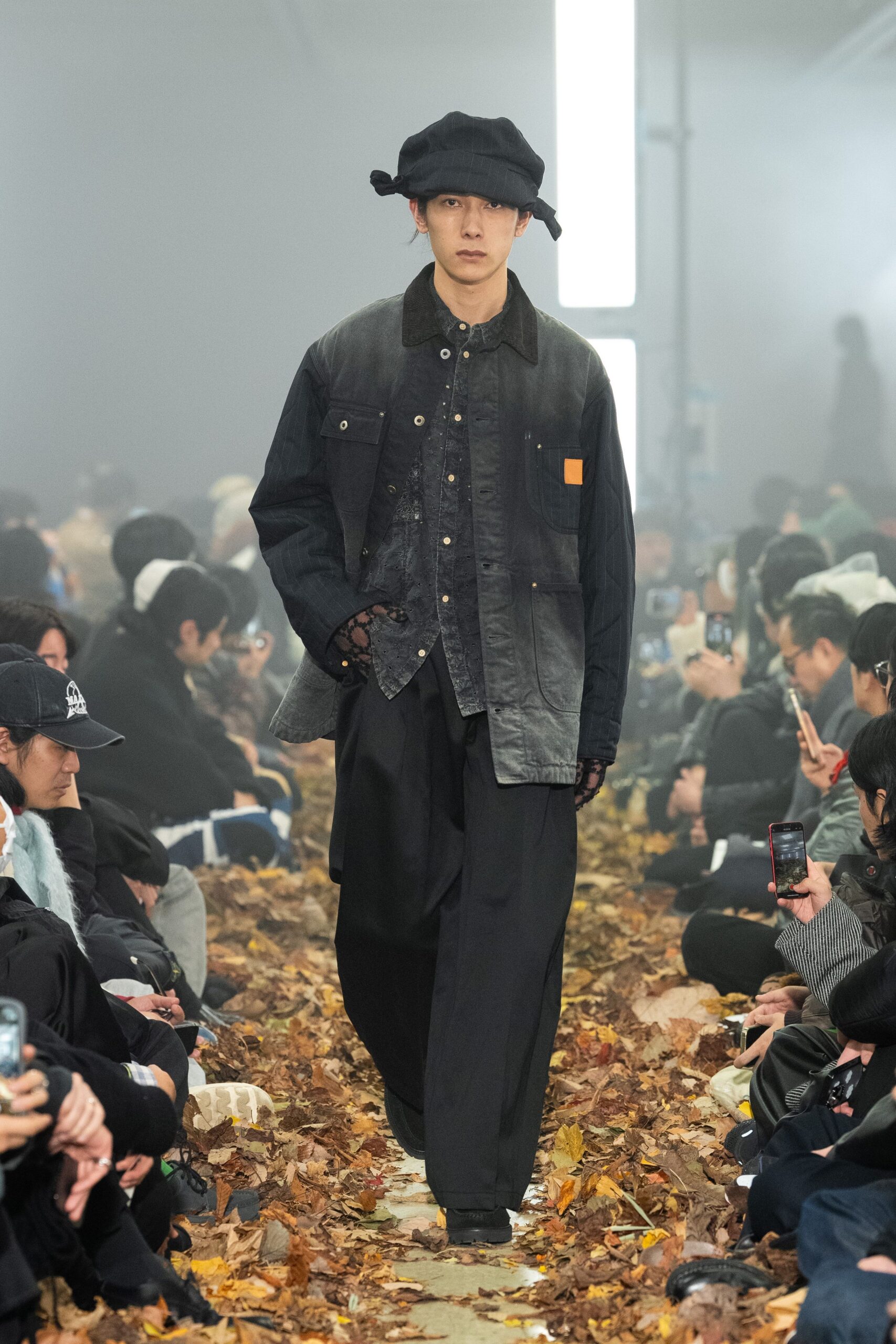 black denim jacket with wide-leg pants