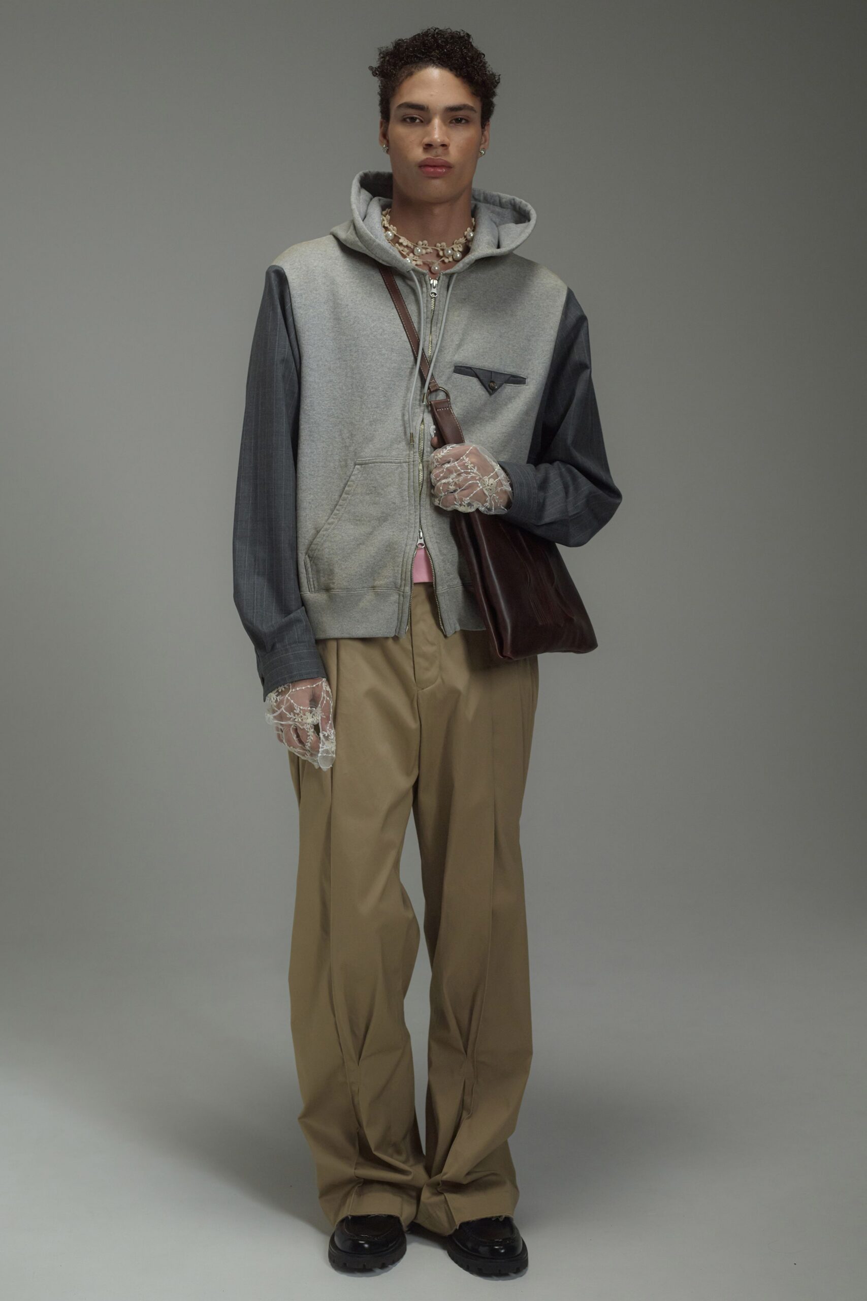 gray hoodie beige pants