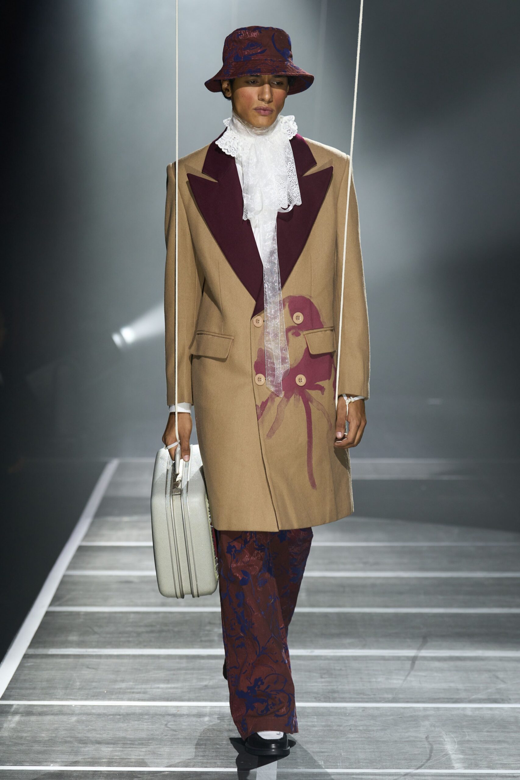 beige wool long-sleeve collared structured buttoned embroidered coat