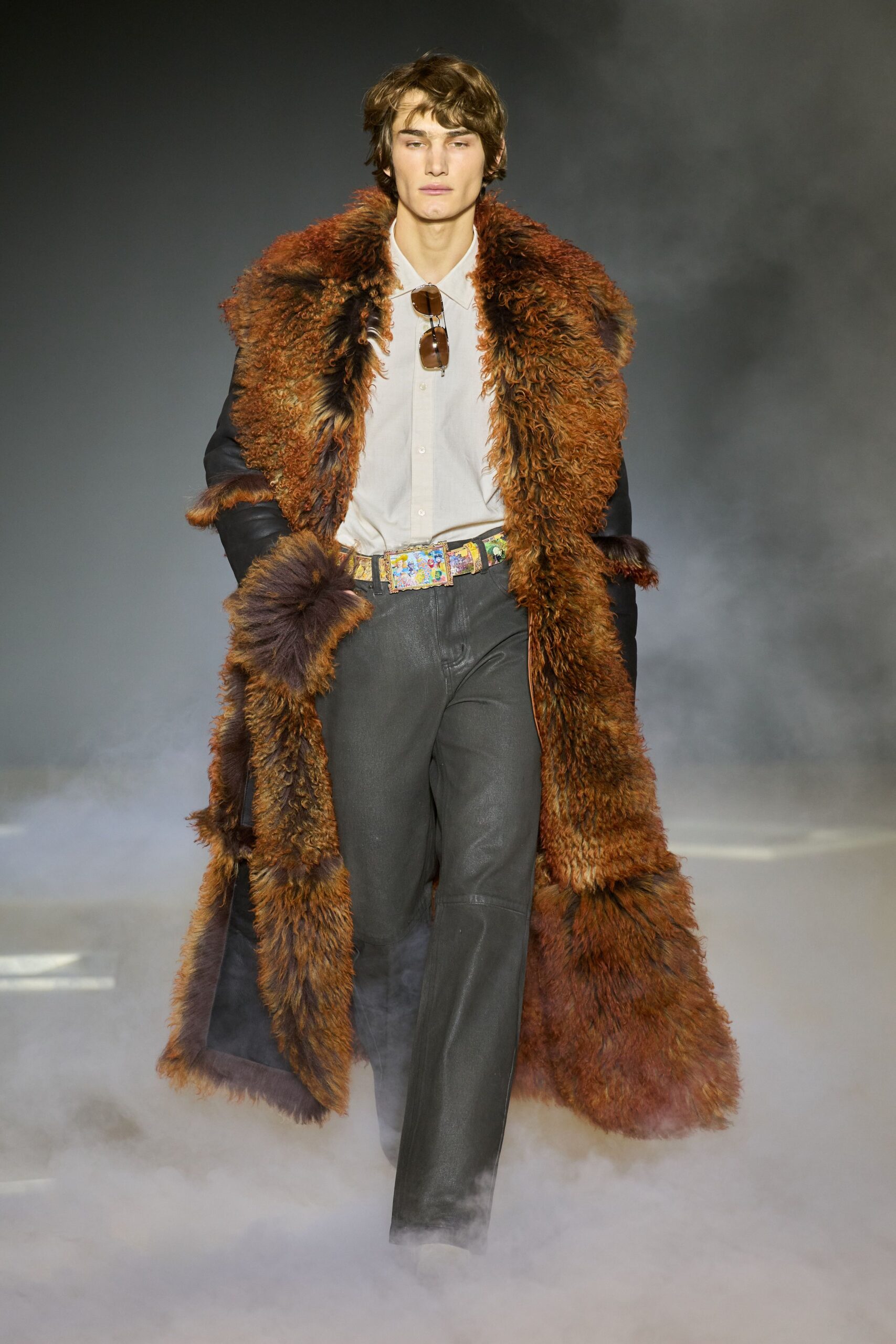 brown fur coat with shirt and jeans