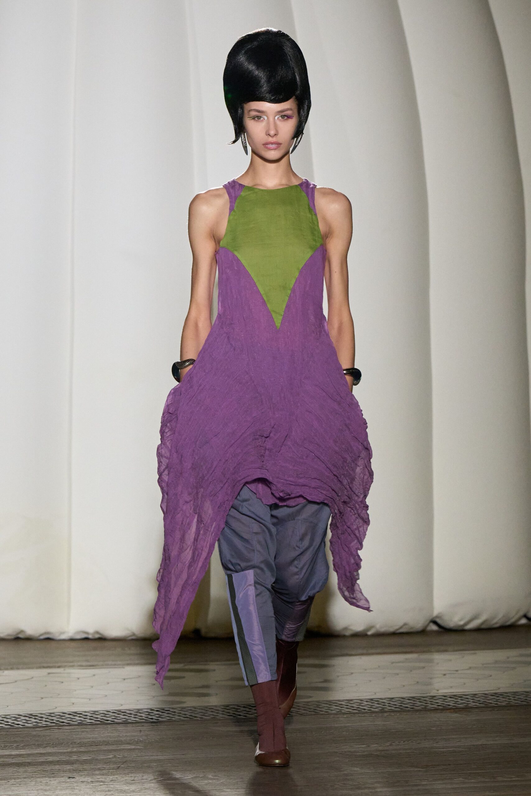 purple green relaxed dress with gray pants
