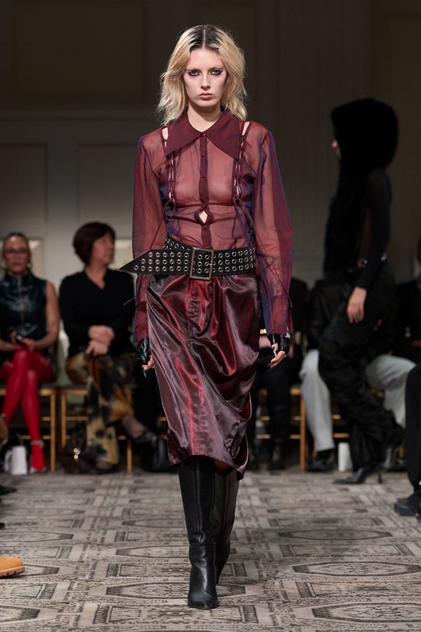 purple silk long-sleeve v-neck fitted pleated sheer dress