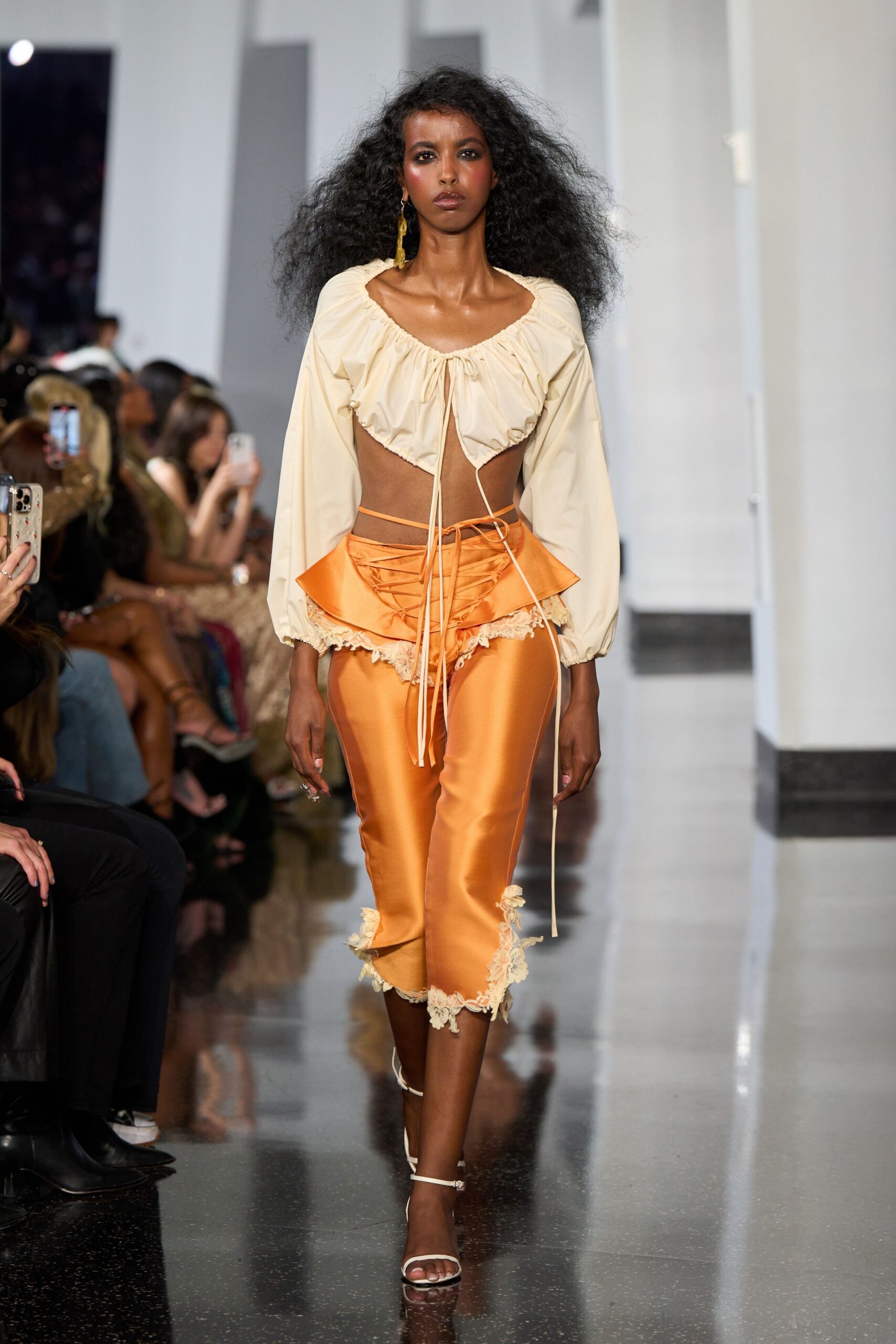 beige silk long-sleeve off-shoulder fitted ruffled top