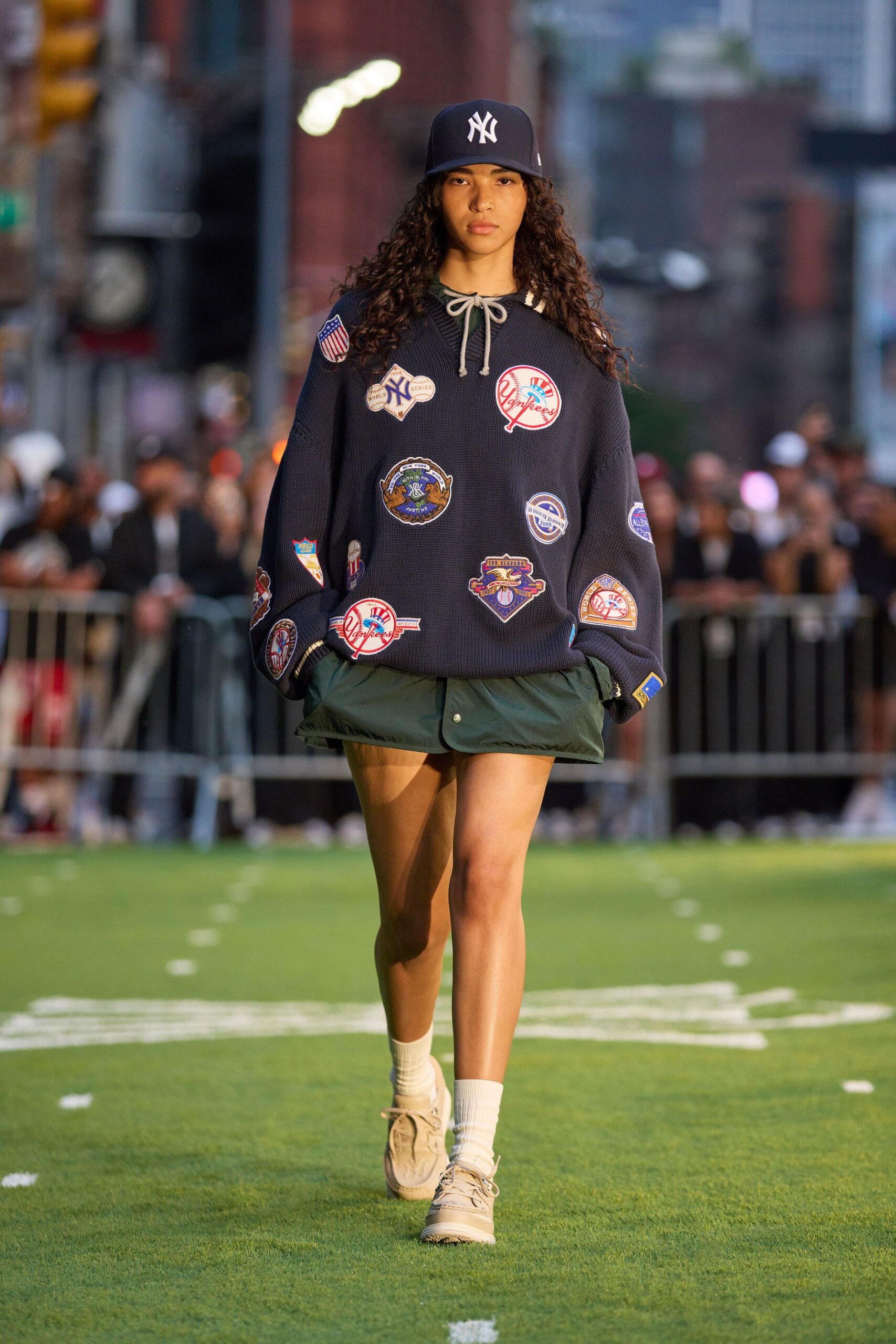 blue cotton long-sleeve collared oversized embroidered sweater