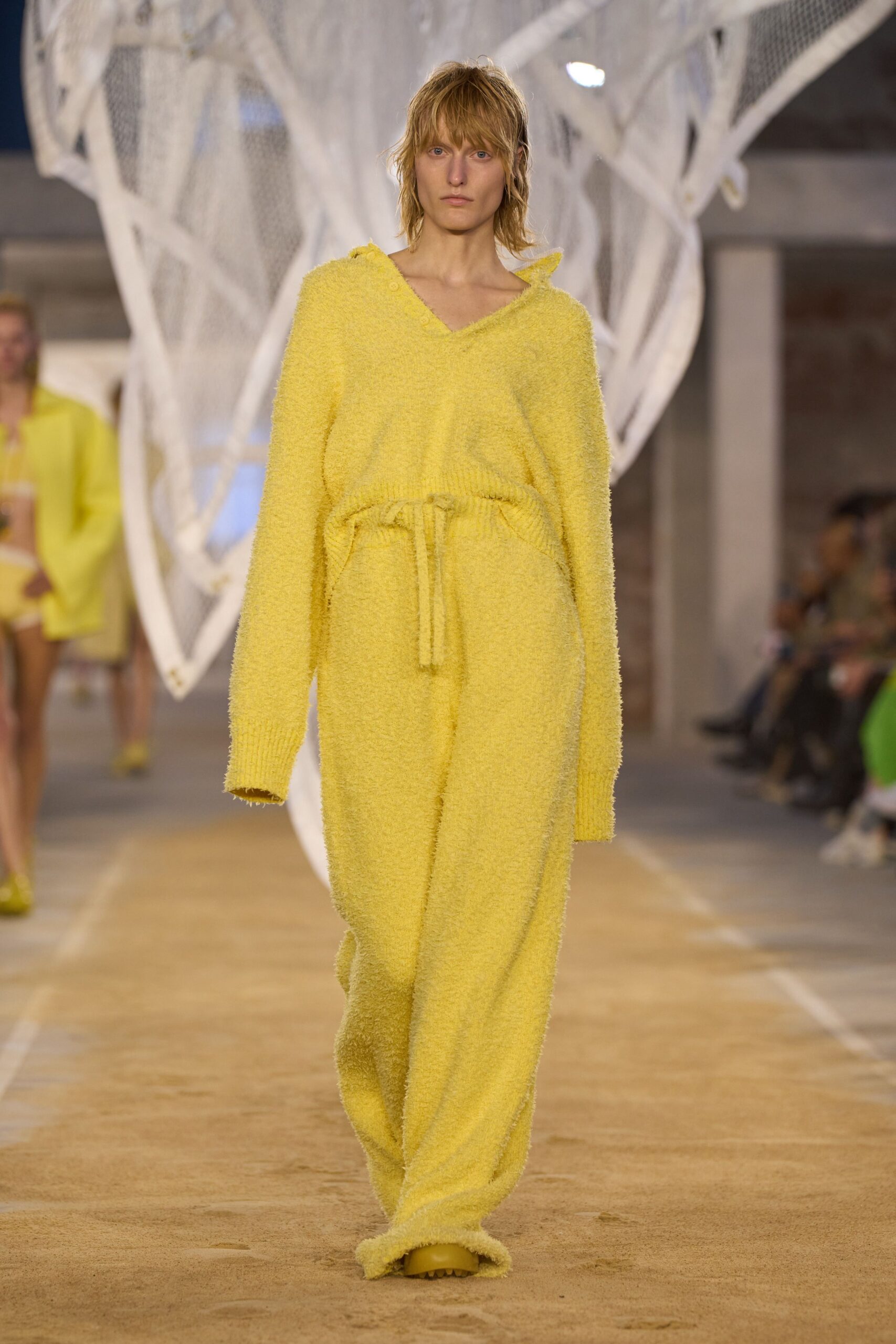 yellow cotton long-sleeve v-neck relaxed belted jumpsuit