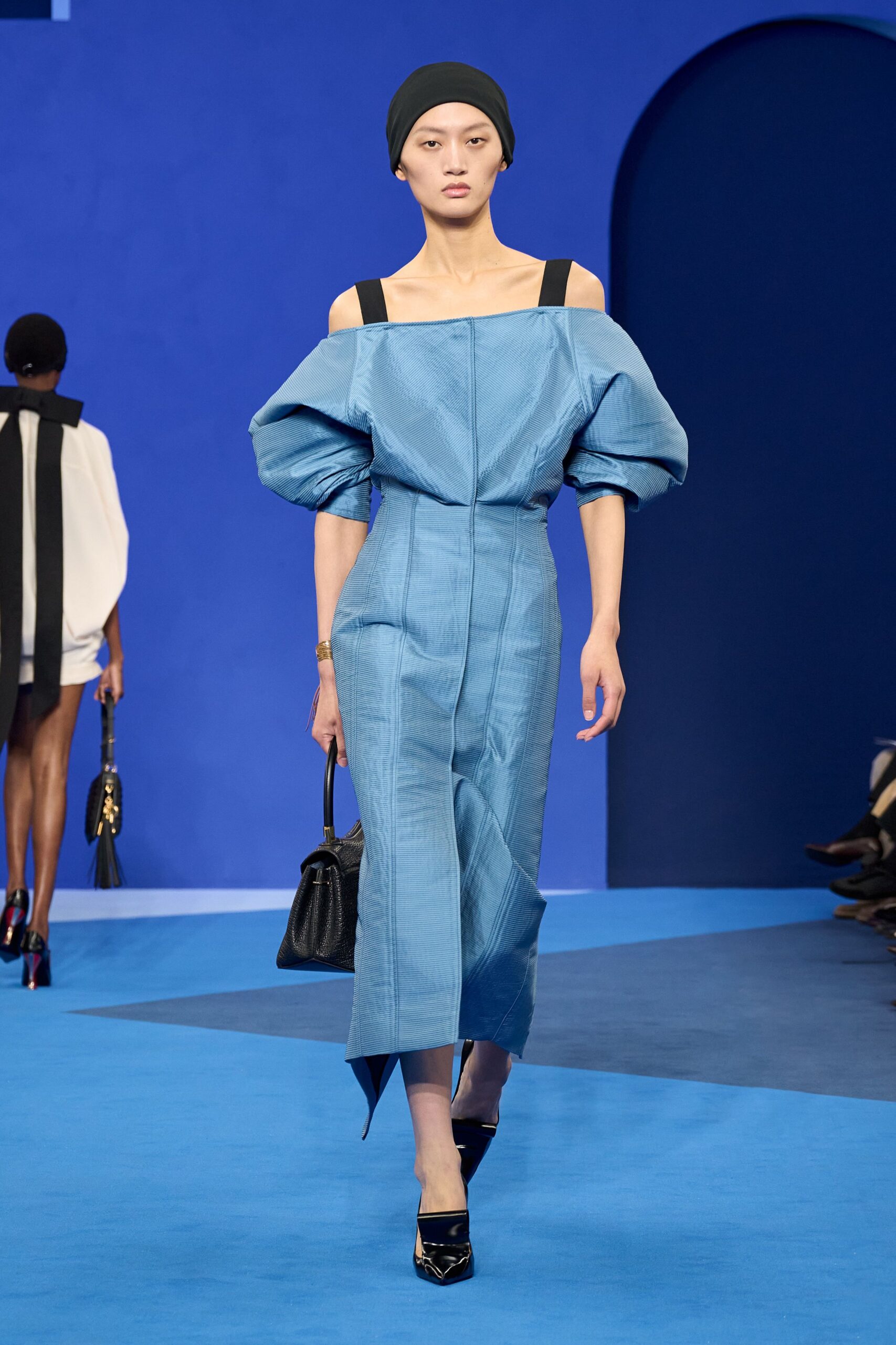 blue silk off-shoulder v-neck fitted pleated midi dress