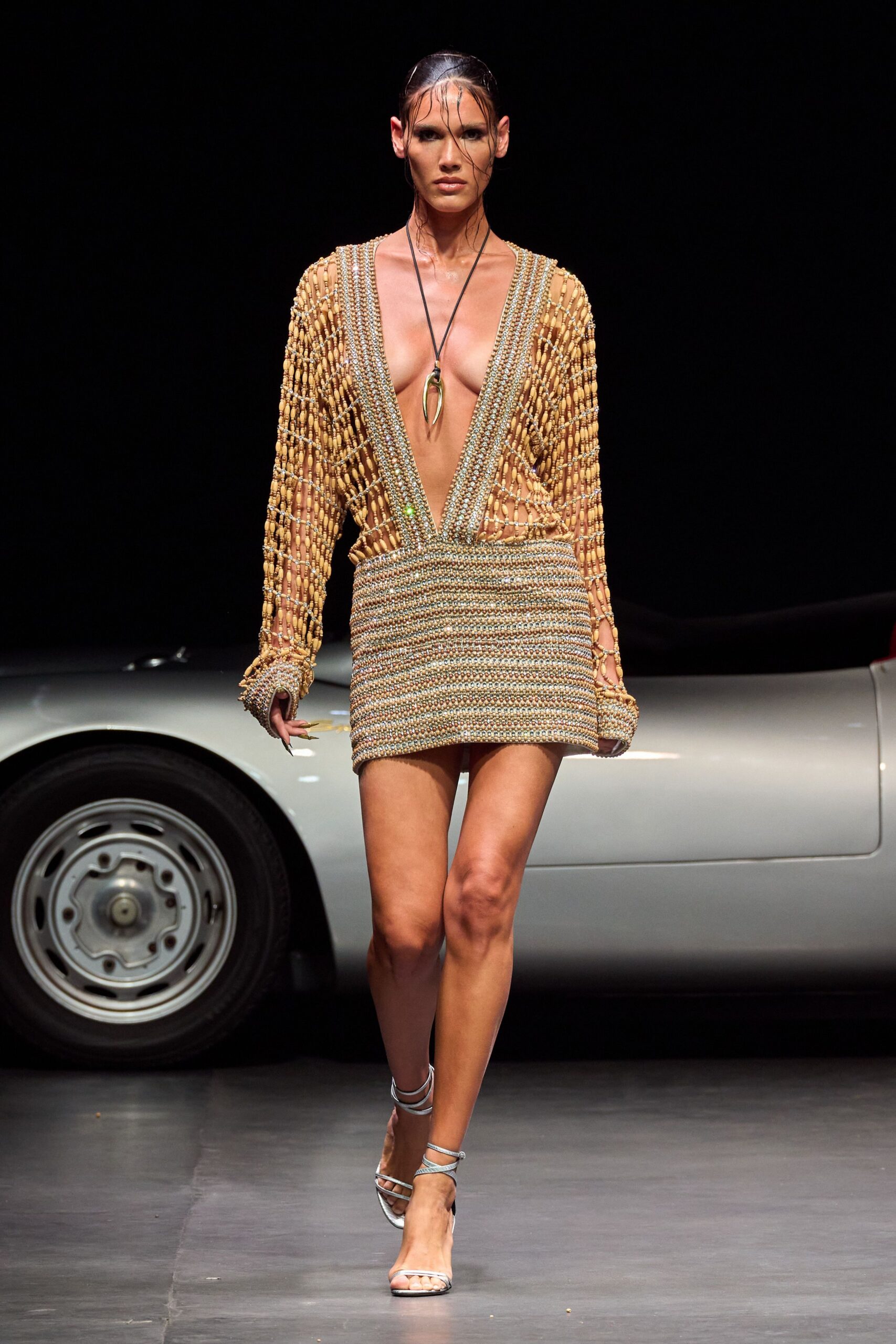gold silk long-sleeve v-neck fitted embroidered pleated dress