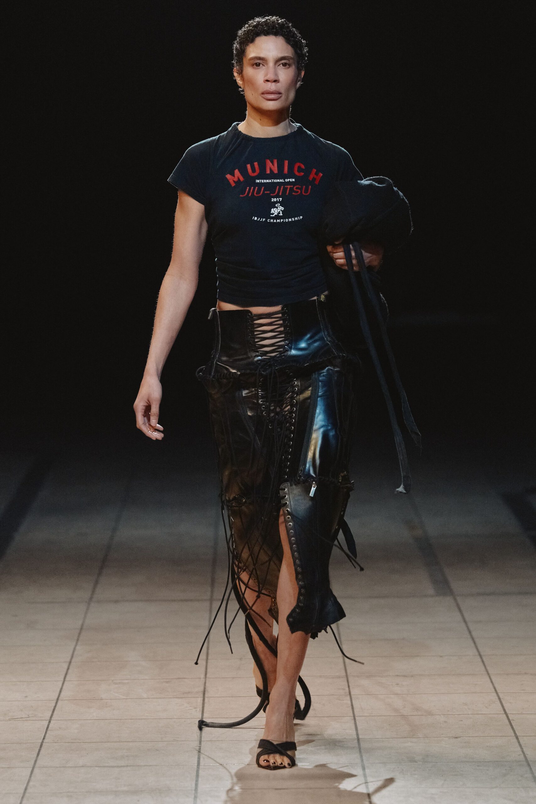 black leather asymmetric fitted zippered fringed skirt