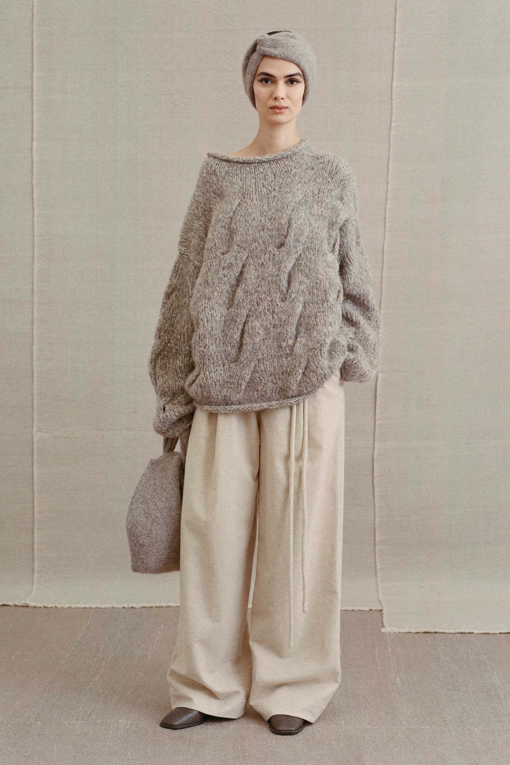 gray wool long-sleeve off-shoulder oversized textured sweater