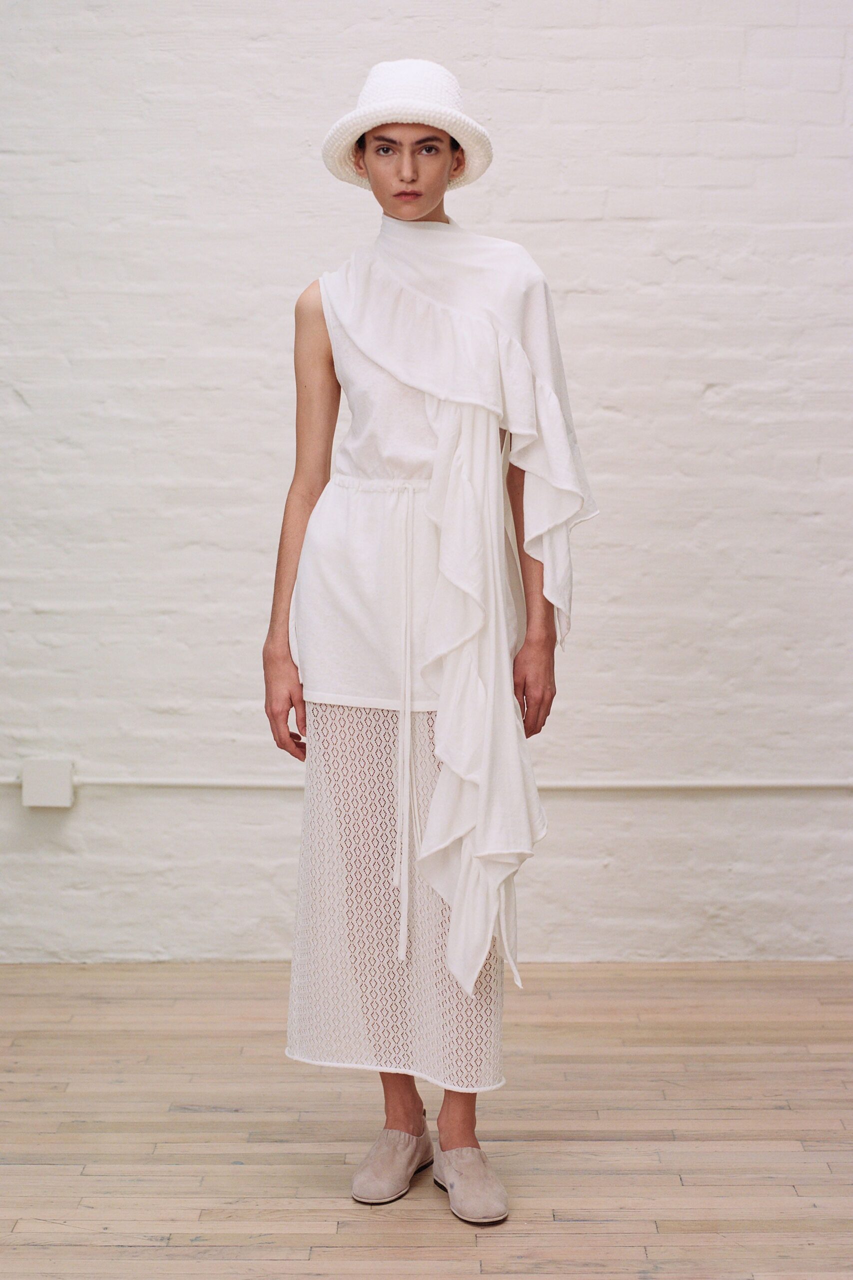 white ruffled midi dress with hat