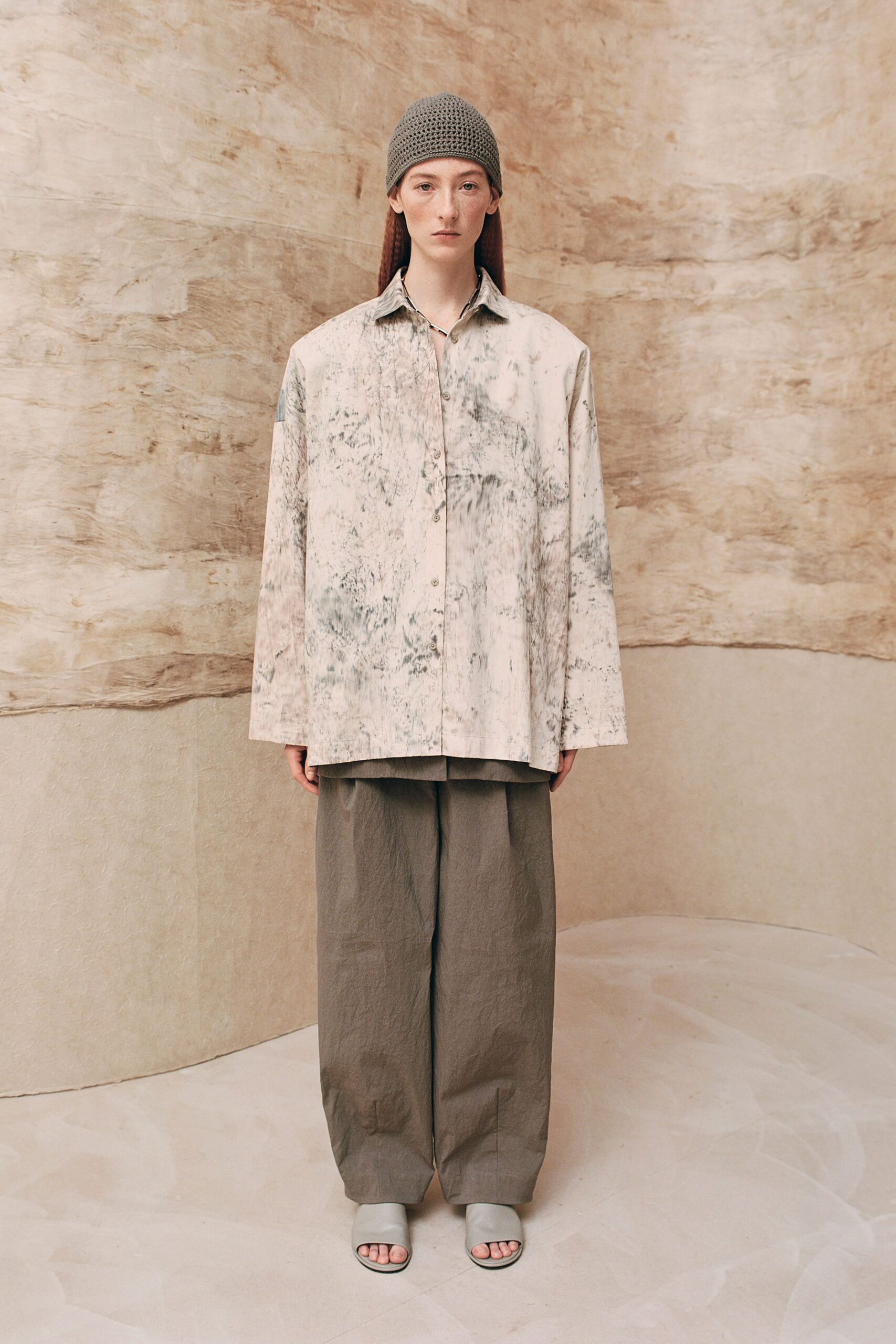 beige cotton long-sleeve collared oversized printed shirt