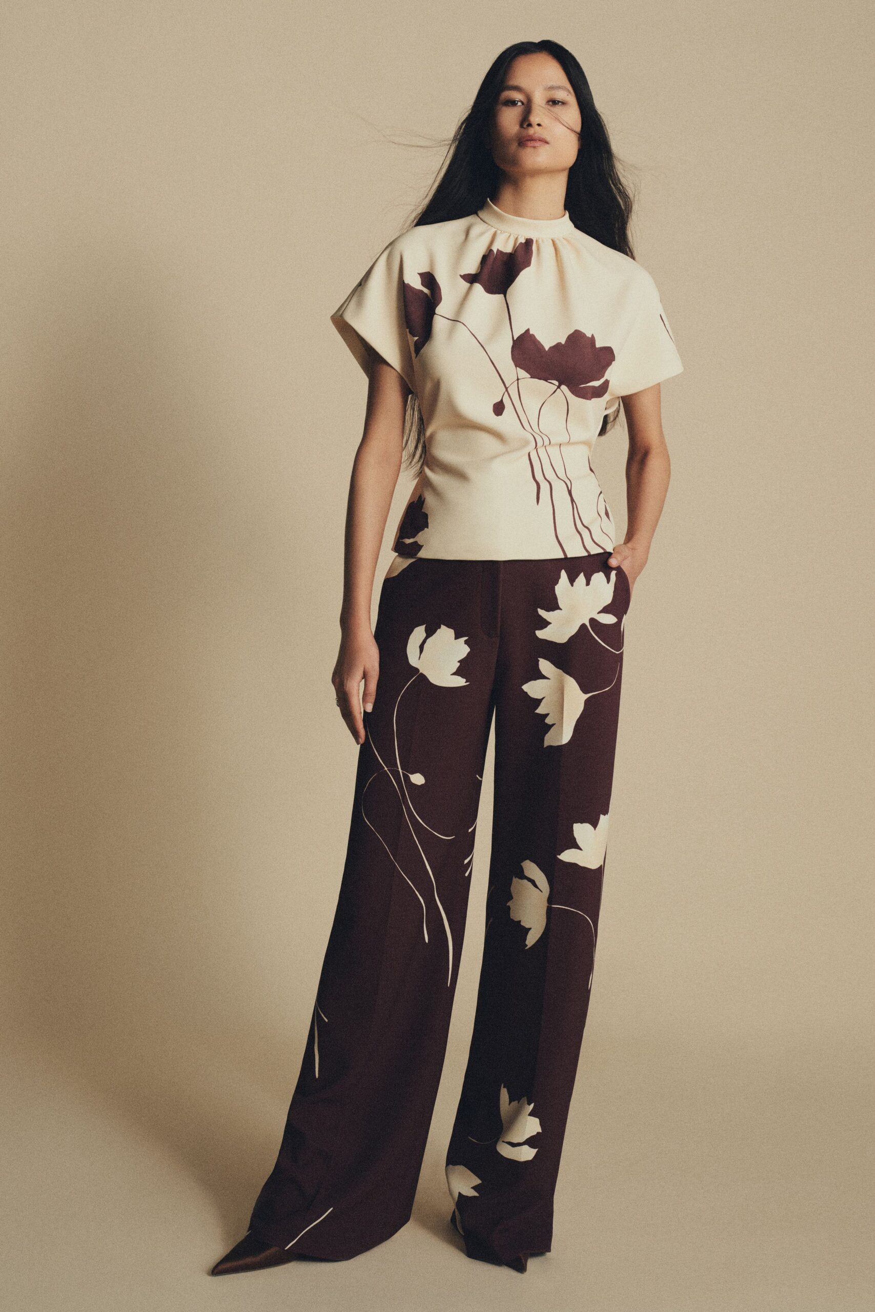 beige printed top and brown wide-leg pants