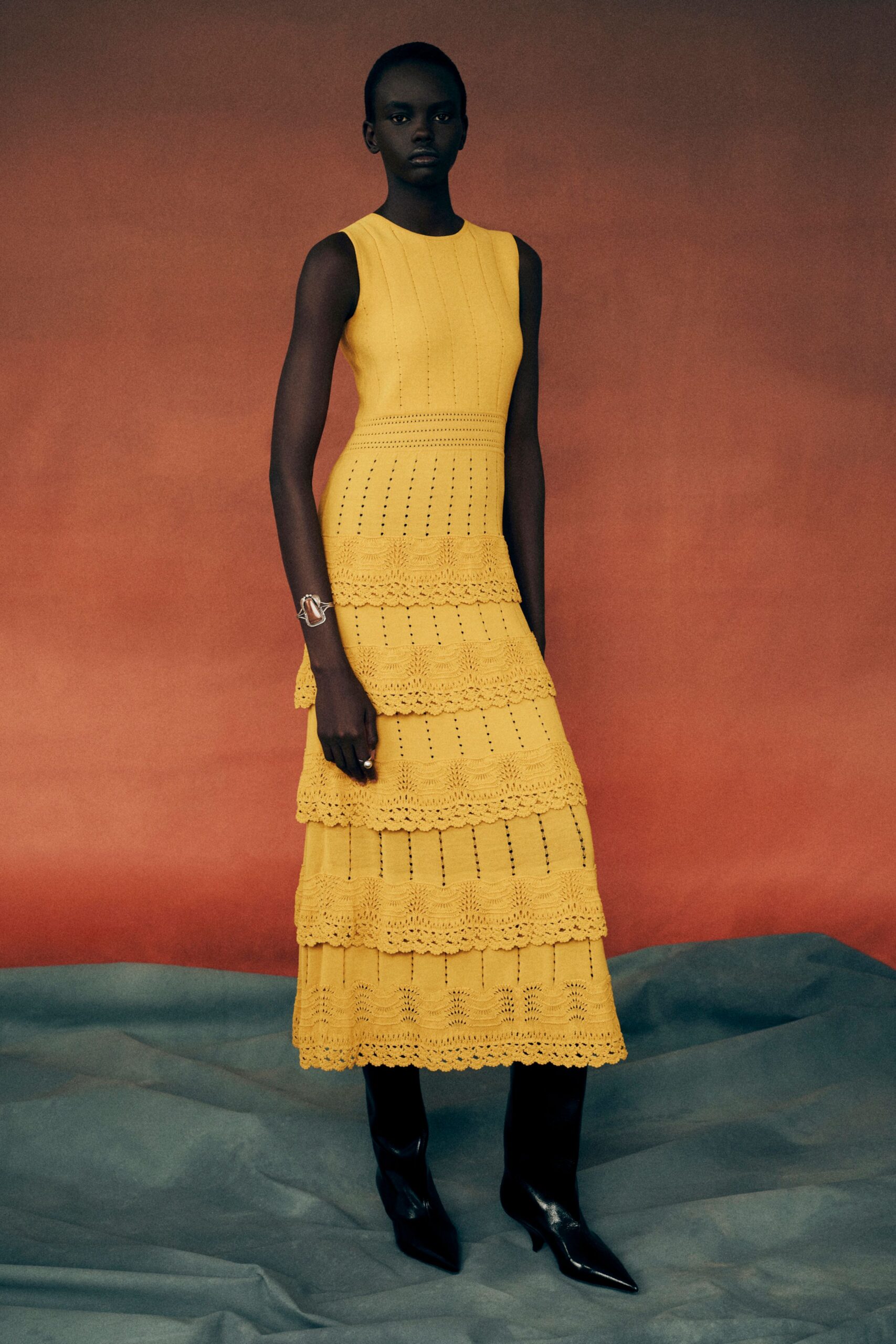yellow cotton sleeveless fitted tiered maxi dress