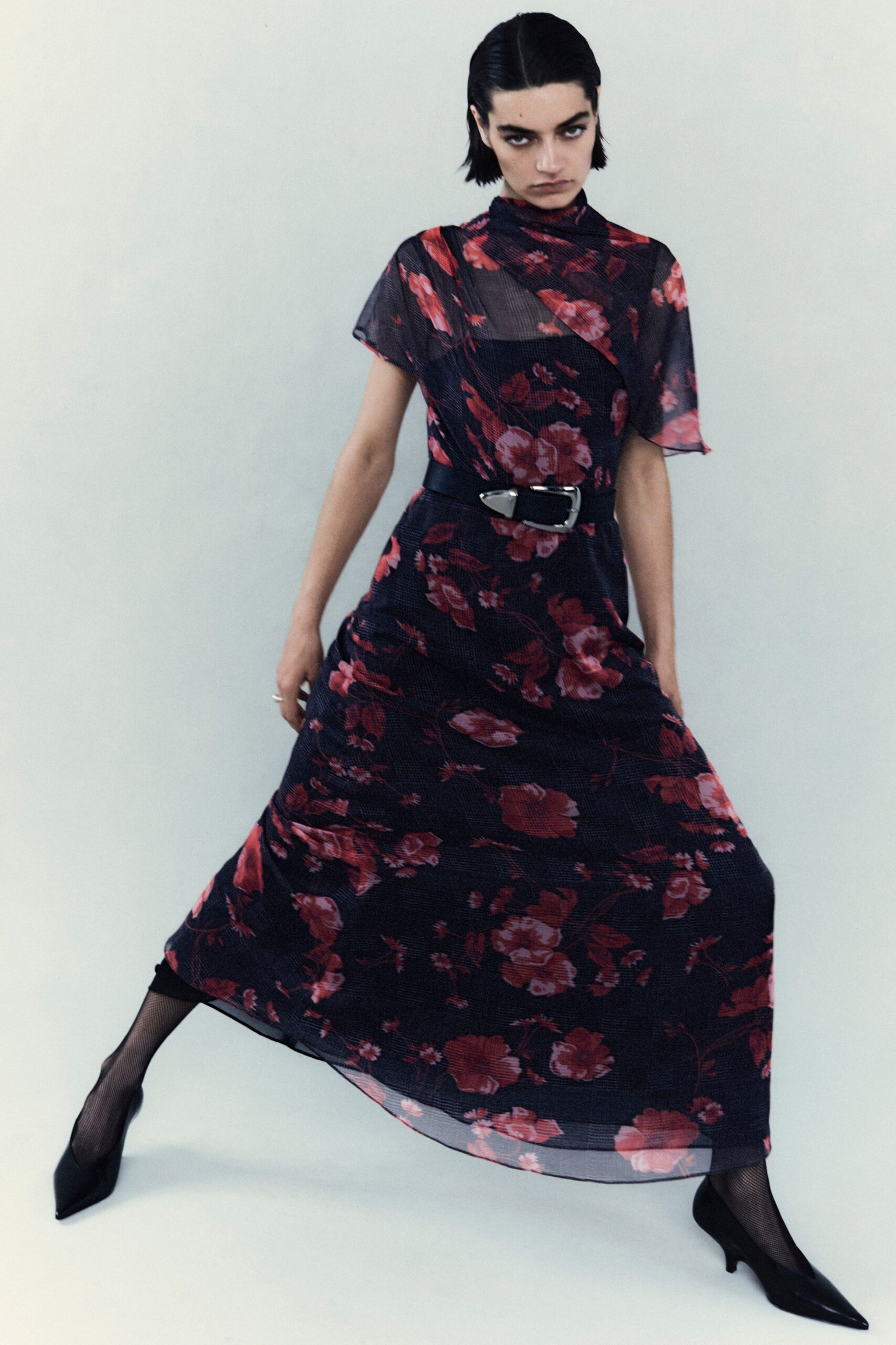 black floral midi dress with heels