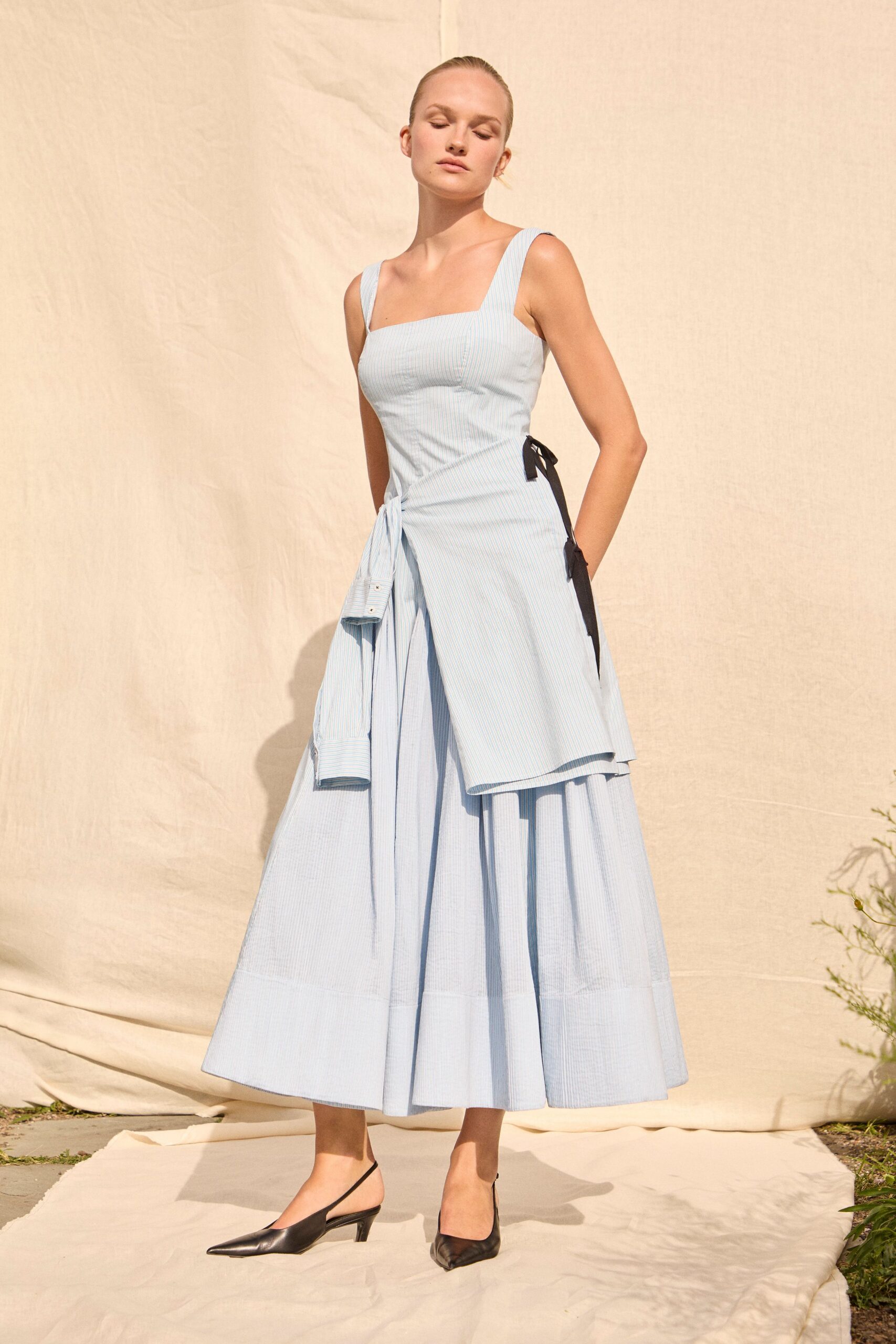 blue cotton tiered midi dress