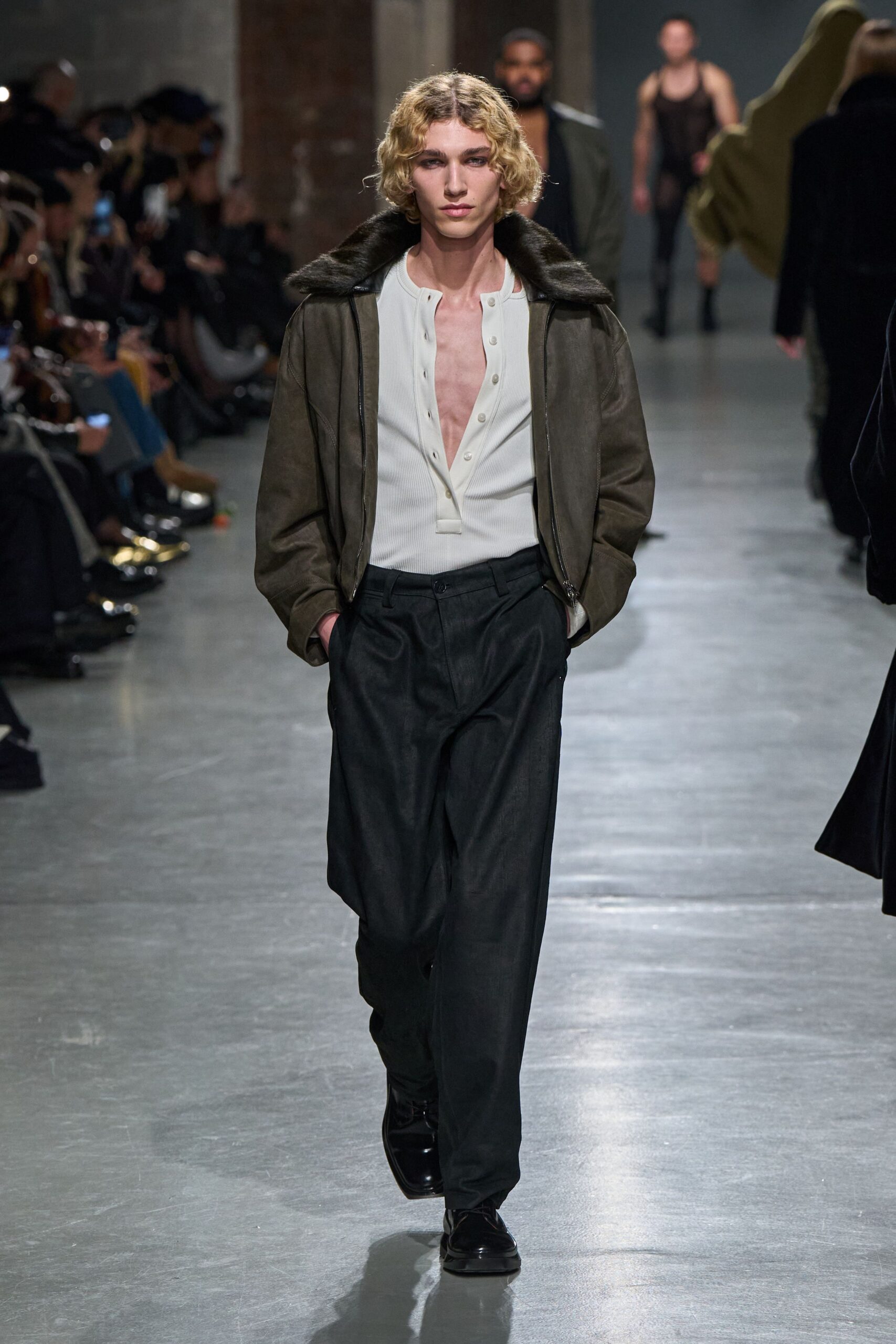brown leather jacket with white shirt