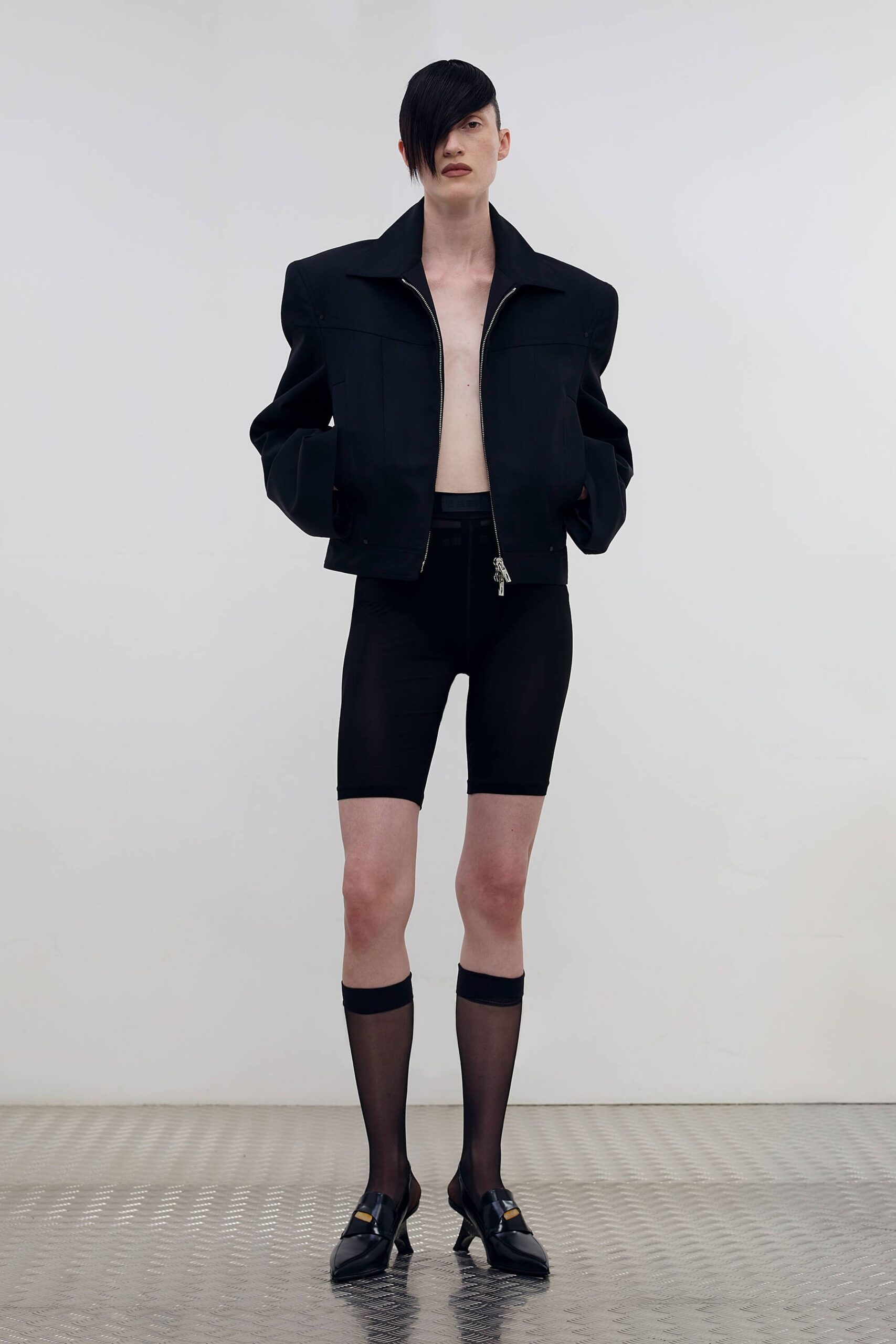 black cotton long-sleeve collared structured zippered jacket