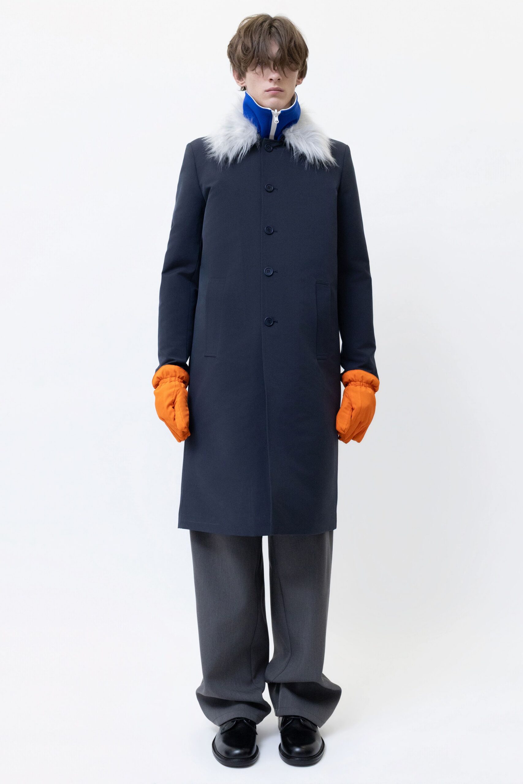 blue wool long-sleeve collared structured buttoned coat