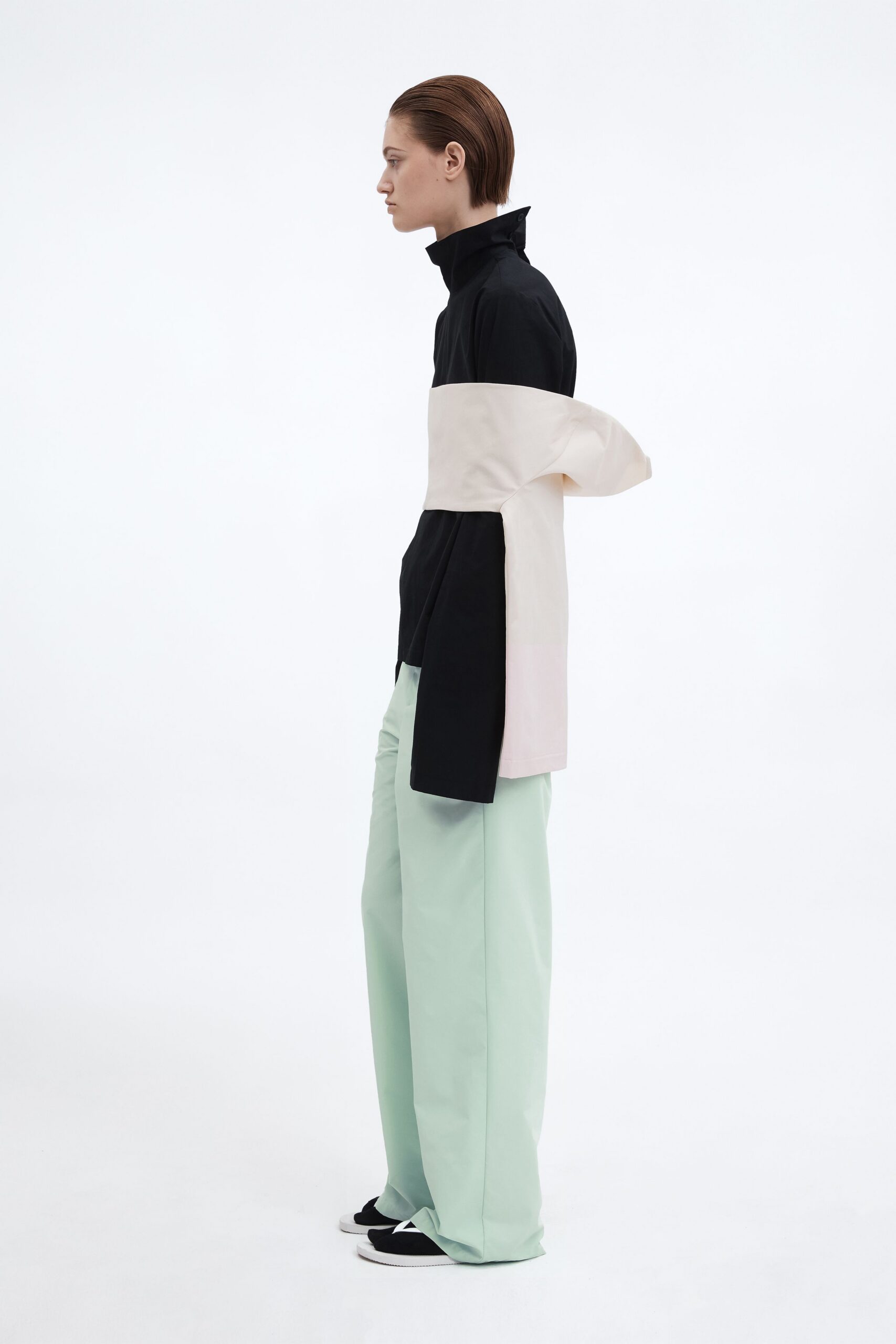 color-blocked top with wide-leg pants
