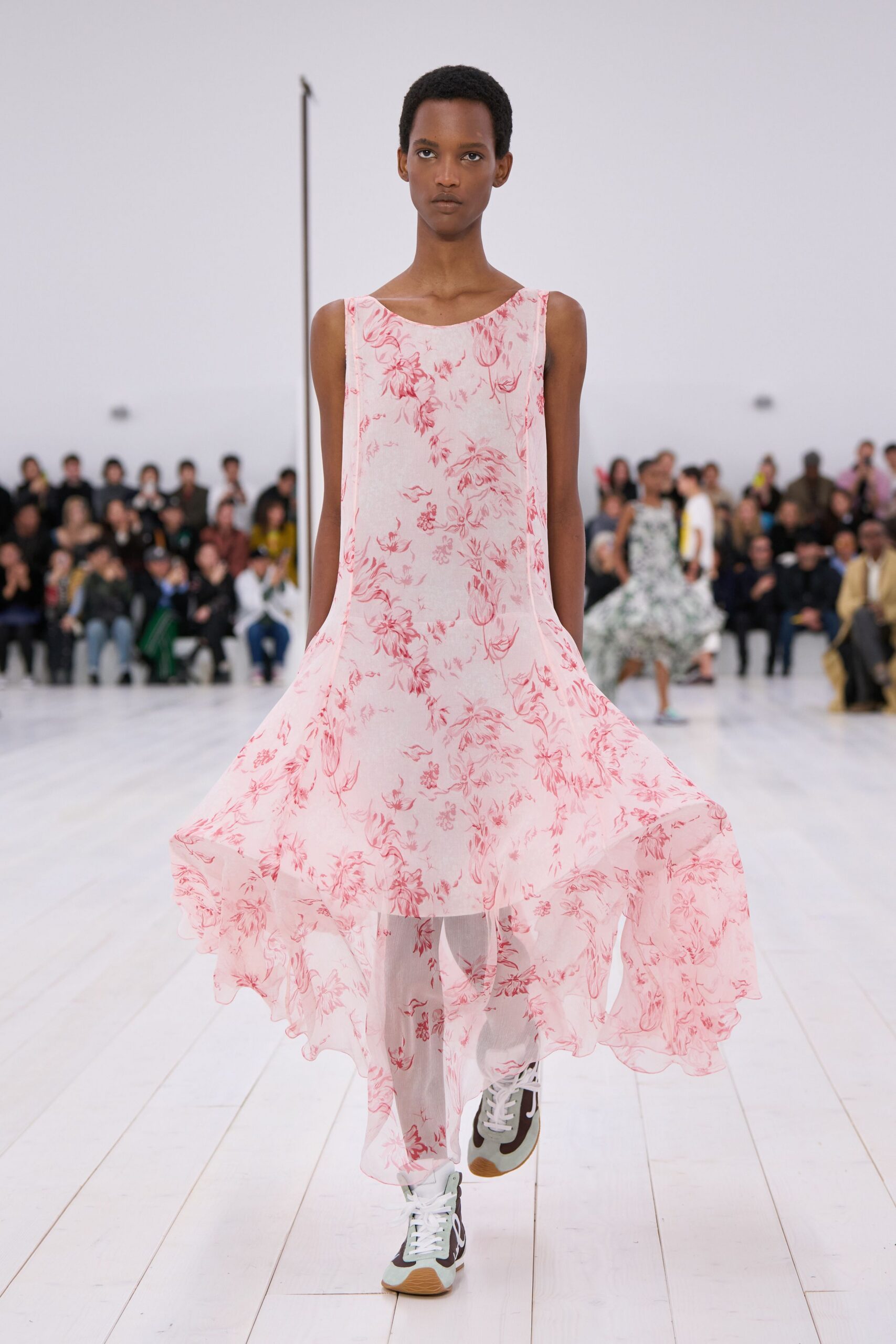 pink chiffon sleeveless high-neck relaxed floral tiered dress