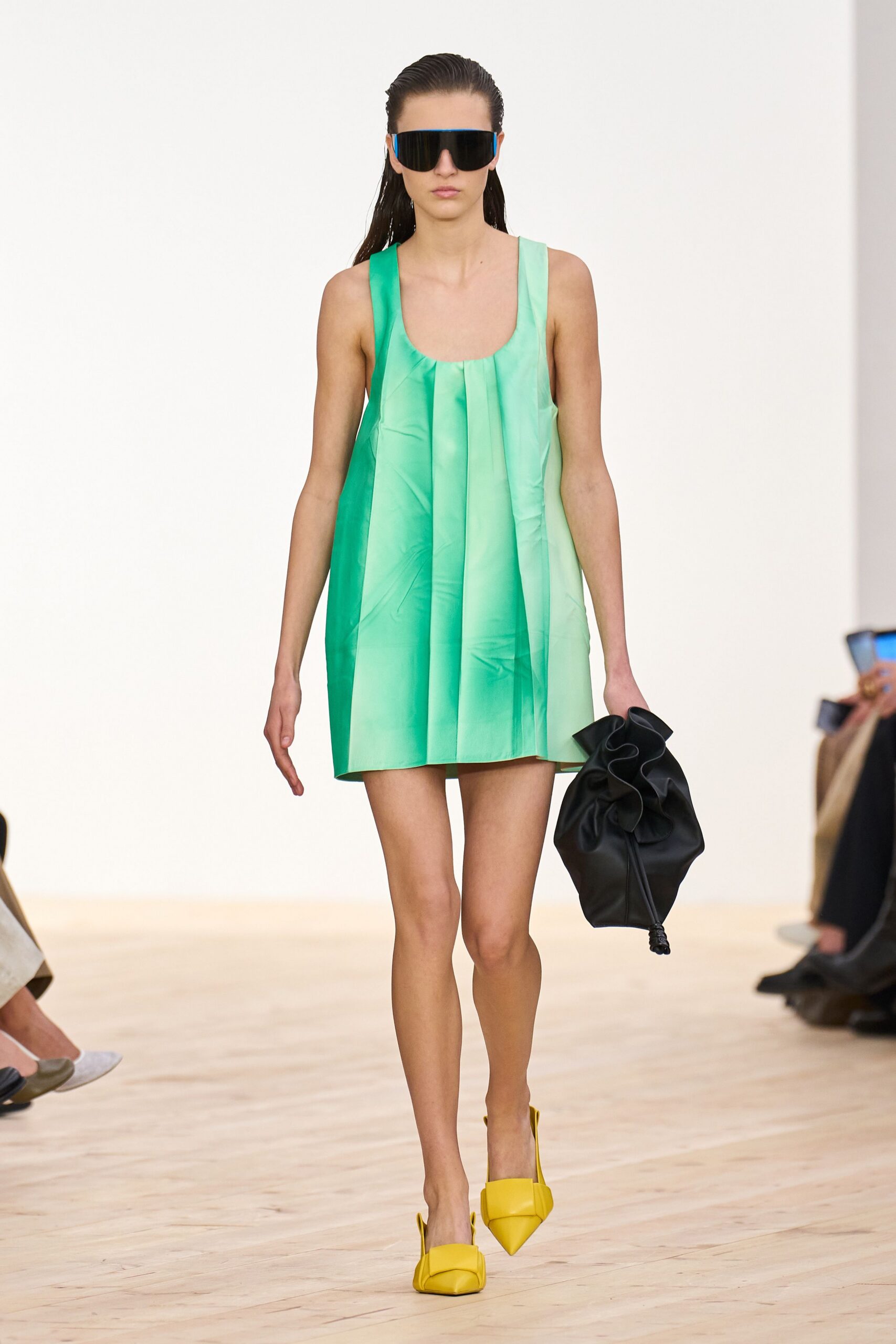 green silk sleeveless scoop-neck fitted pleated mini dress