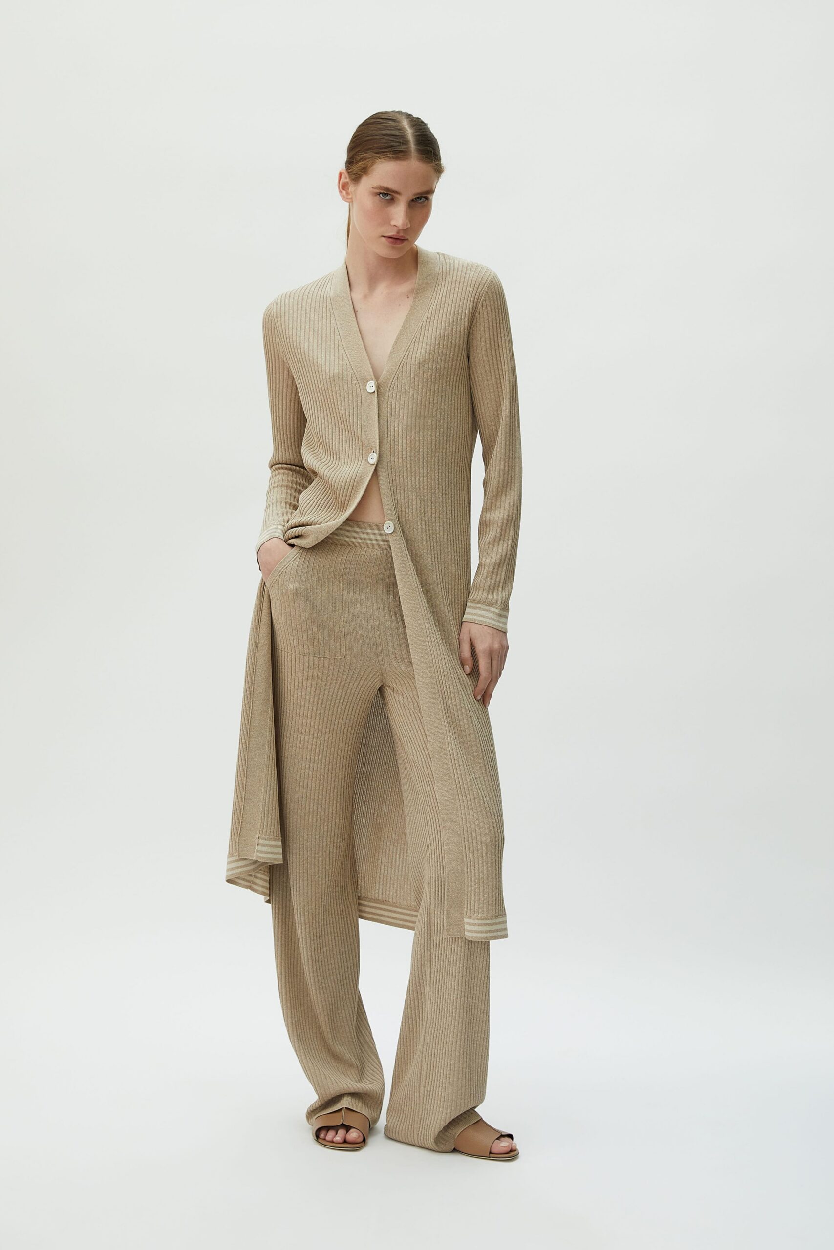 beige cotton long-sleeve collared relaxed ribbed maxi cardigan