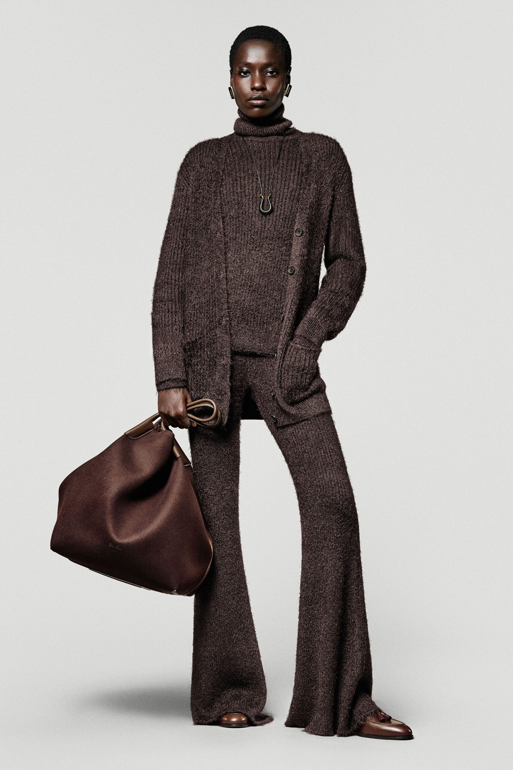 brown wool fitted flared pants