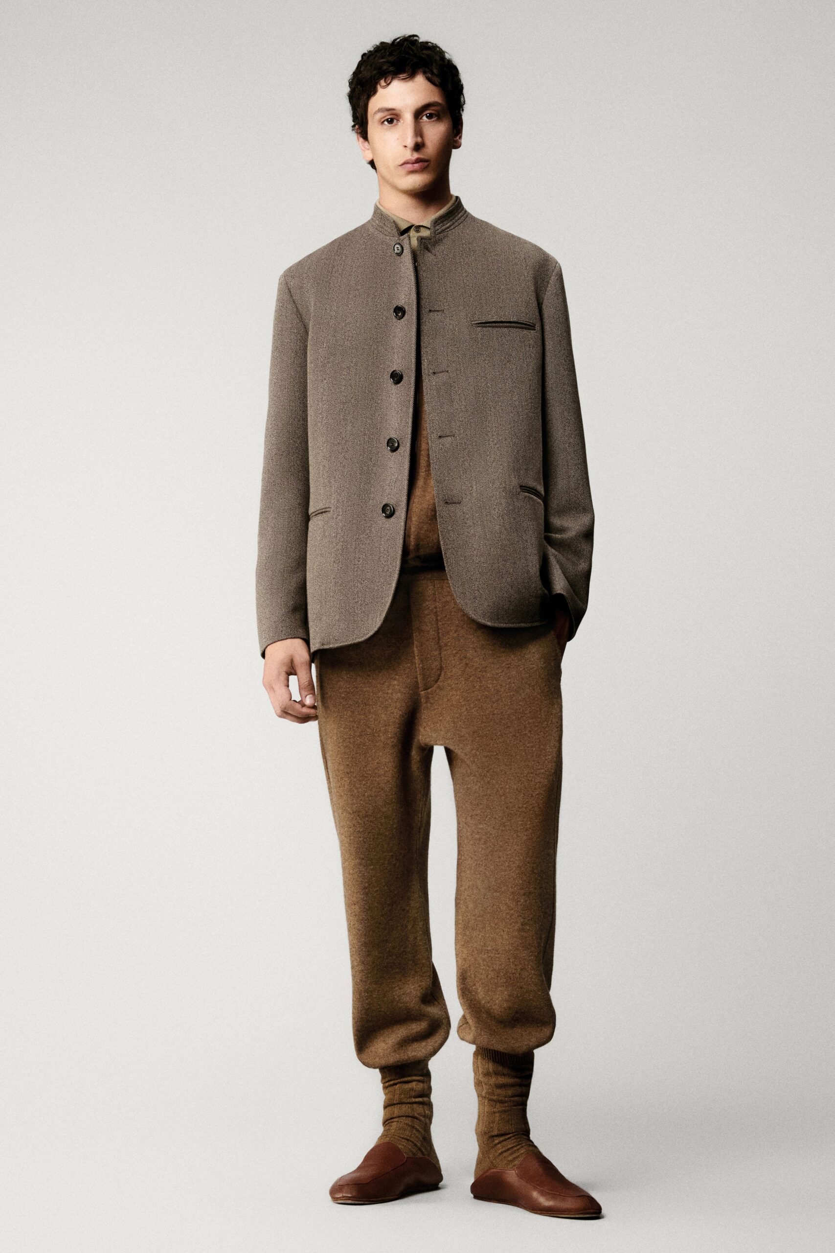 brown wool long-sleeve collared structured buttoned jacket