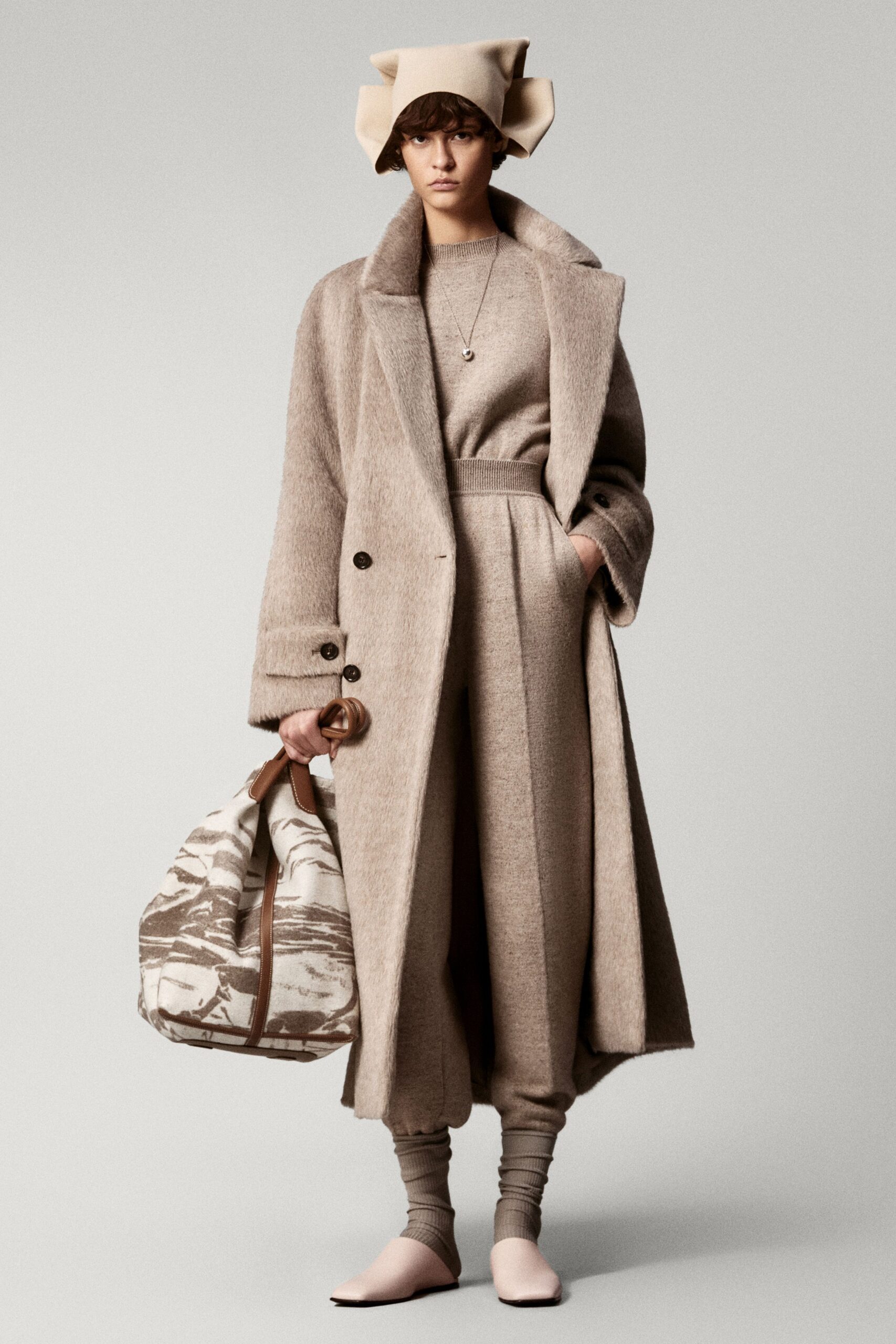 beige wool long-sleeve collared relaxed buttoned coat
