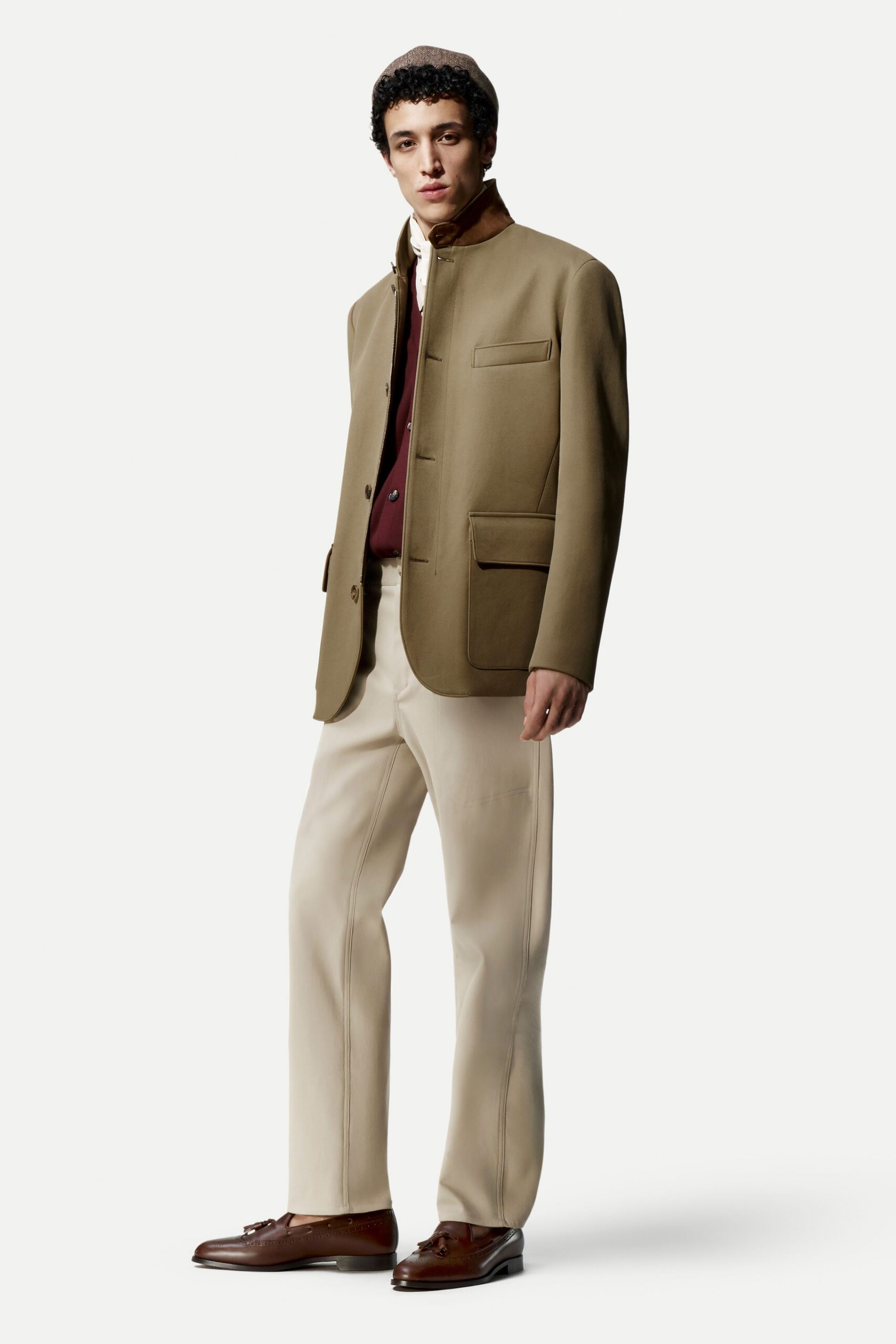 brown cotton long-sleeve collared structured buttoned pockets jacket