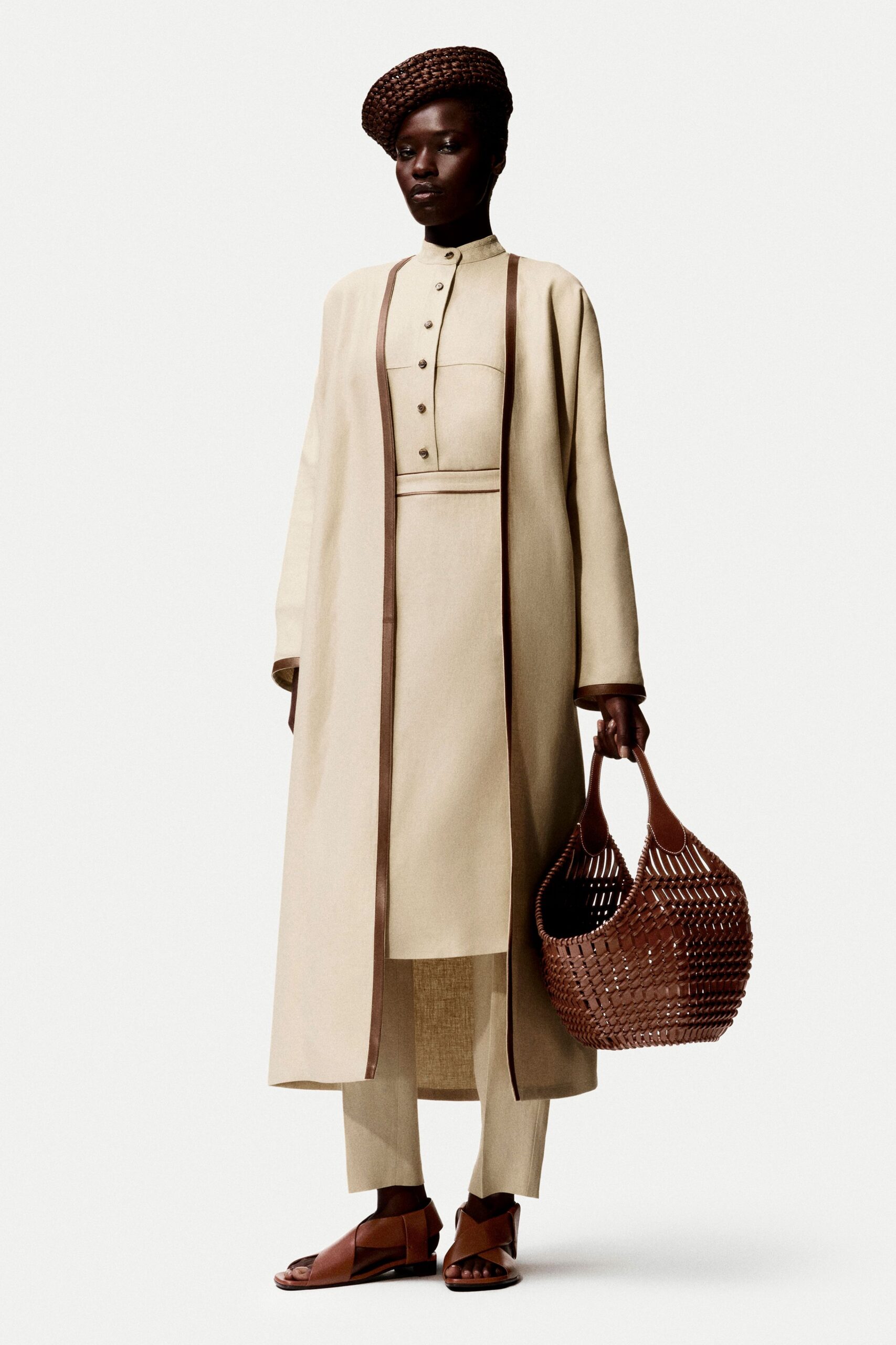 beige cotton long-sleeve collared relaxed buttoned maxi coat