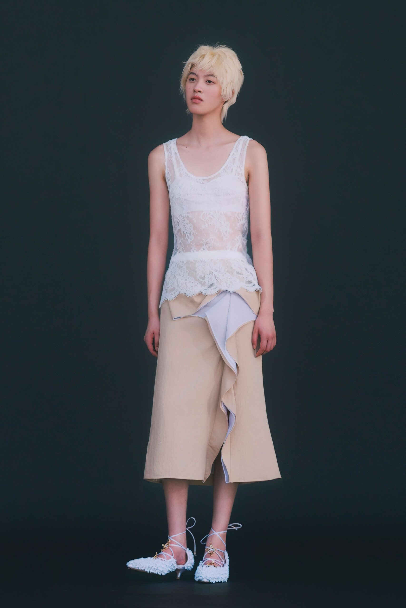 white lace top beige skirt