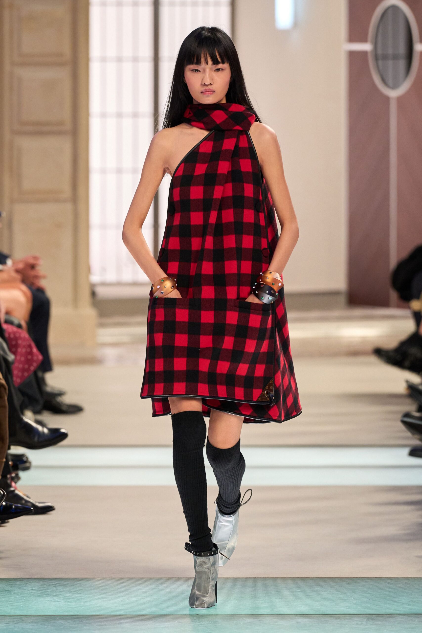 red cotton sleeveless halter relaxed checked pockets dress